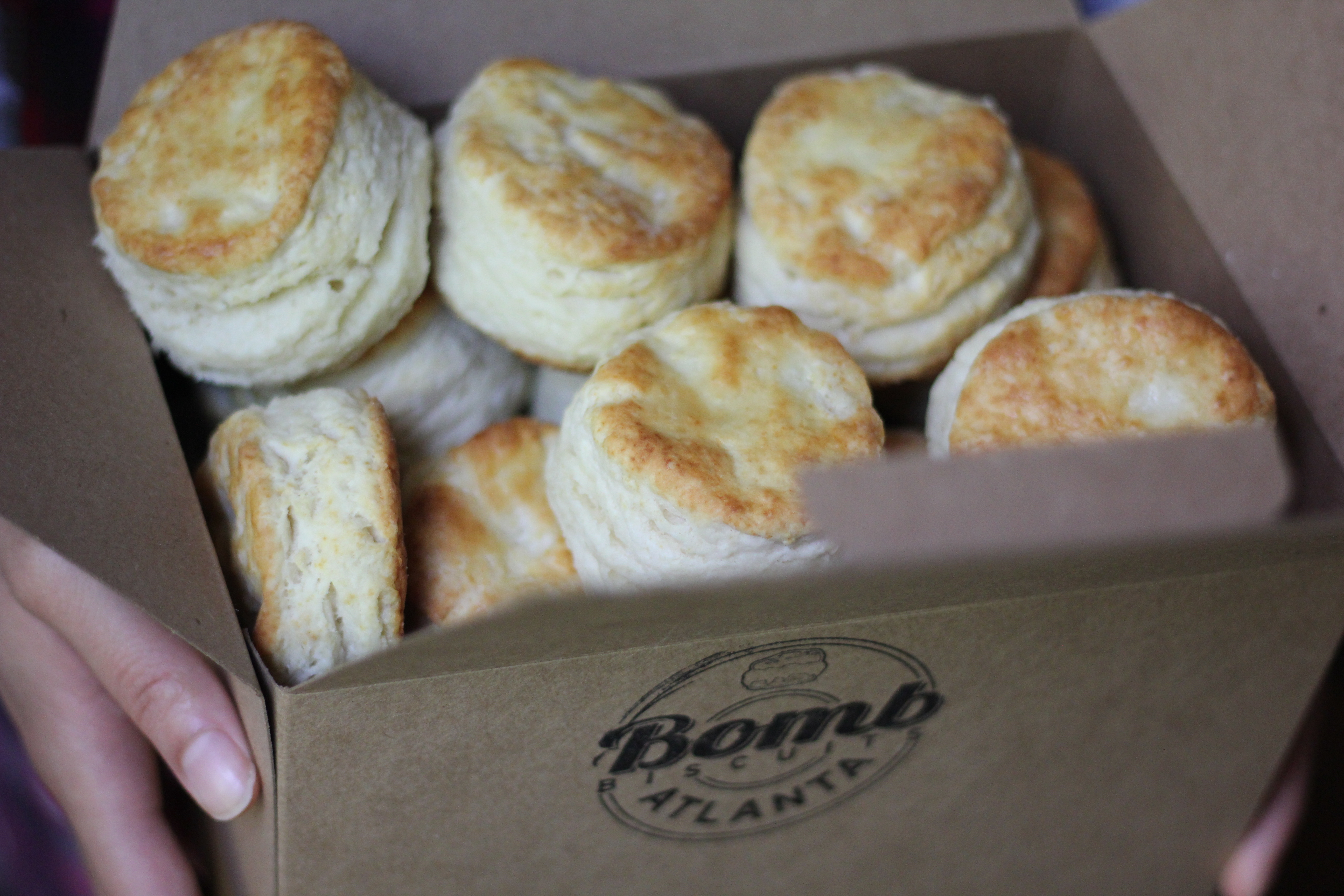 A takeout box of Bomb Biscuits baked by Erika Council in Atlanta