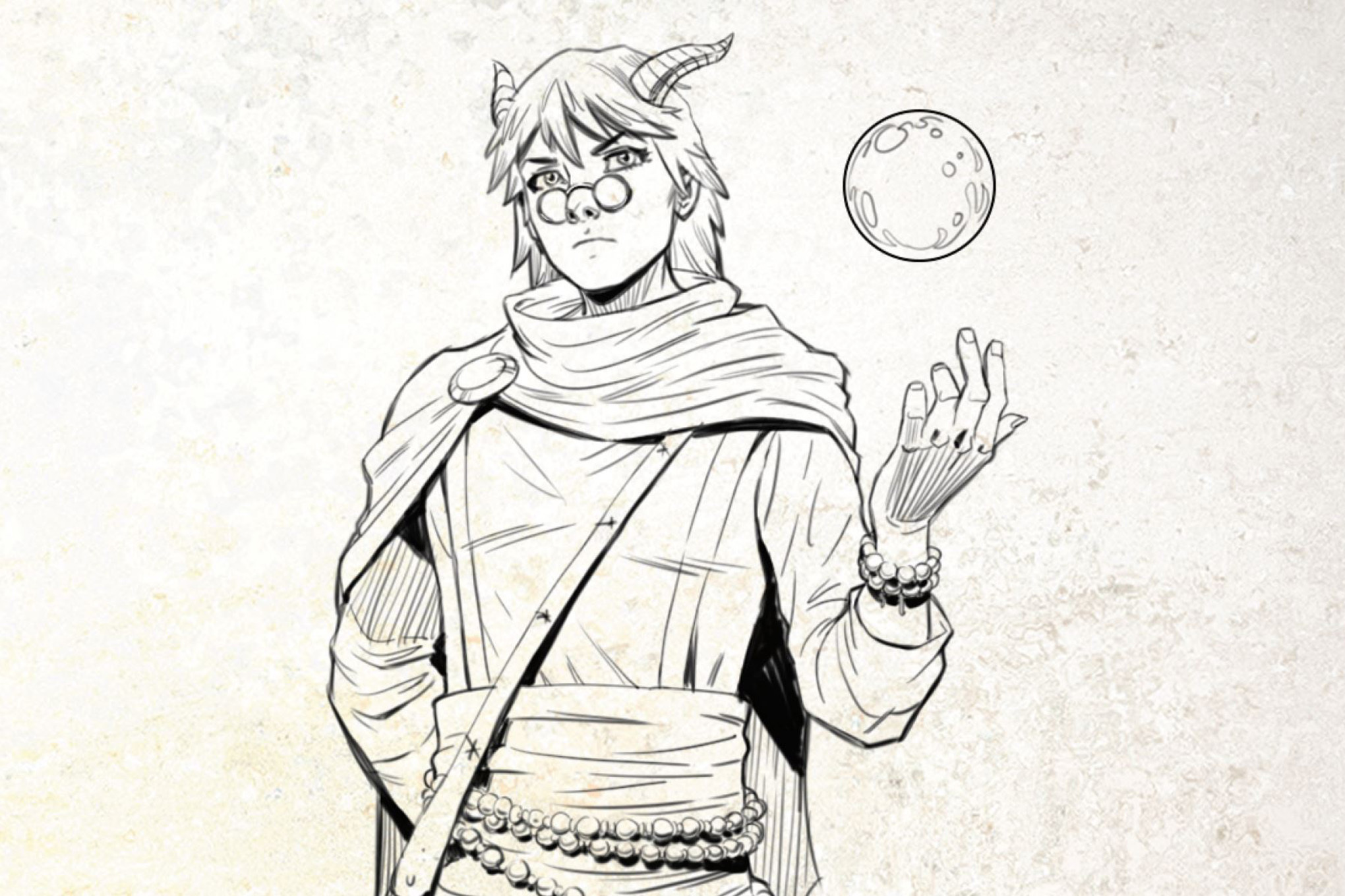 An androgynous D&amp;D character, with the horns of a tiefling and the aquiline features of an elf, tossed a crystal ball in one hand.