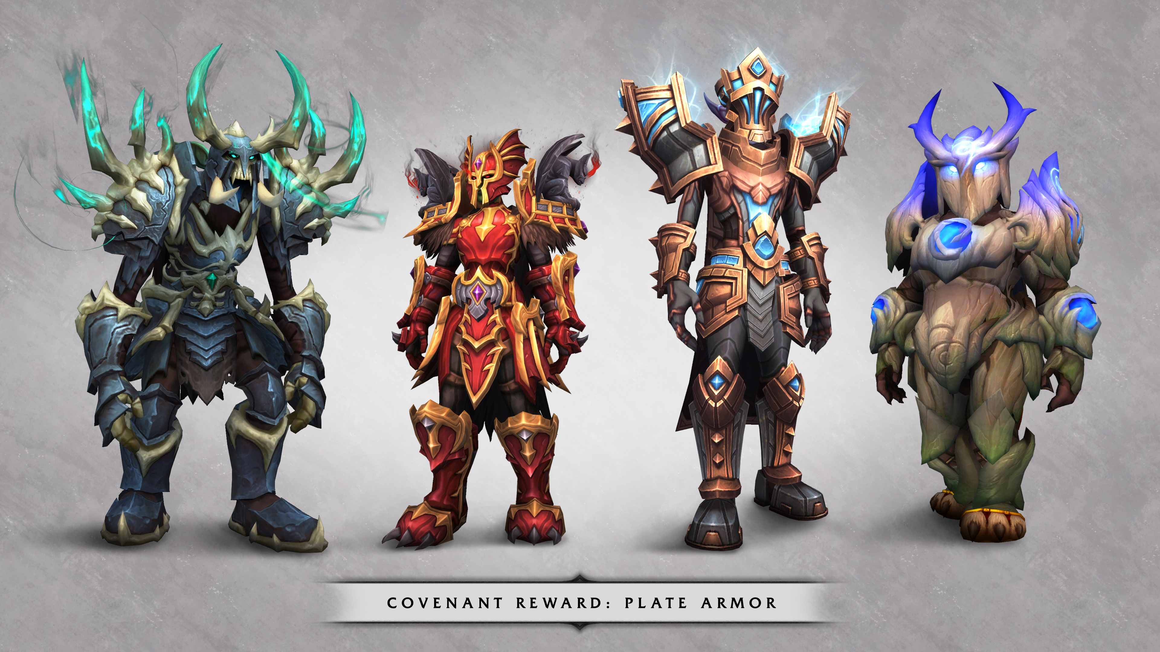 World of Warcraft - the four plate armor sets for each Shadowlands covenant, on assorted player models