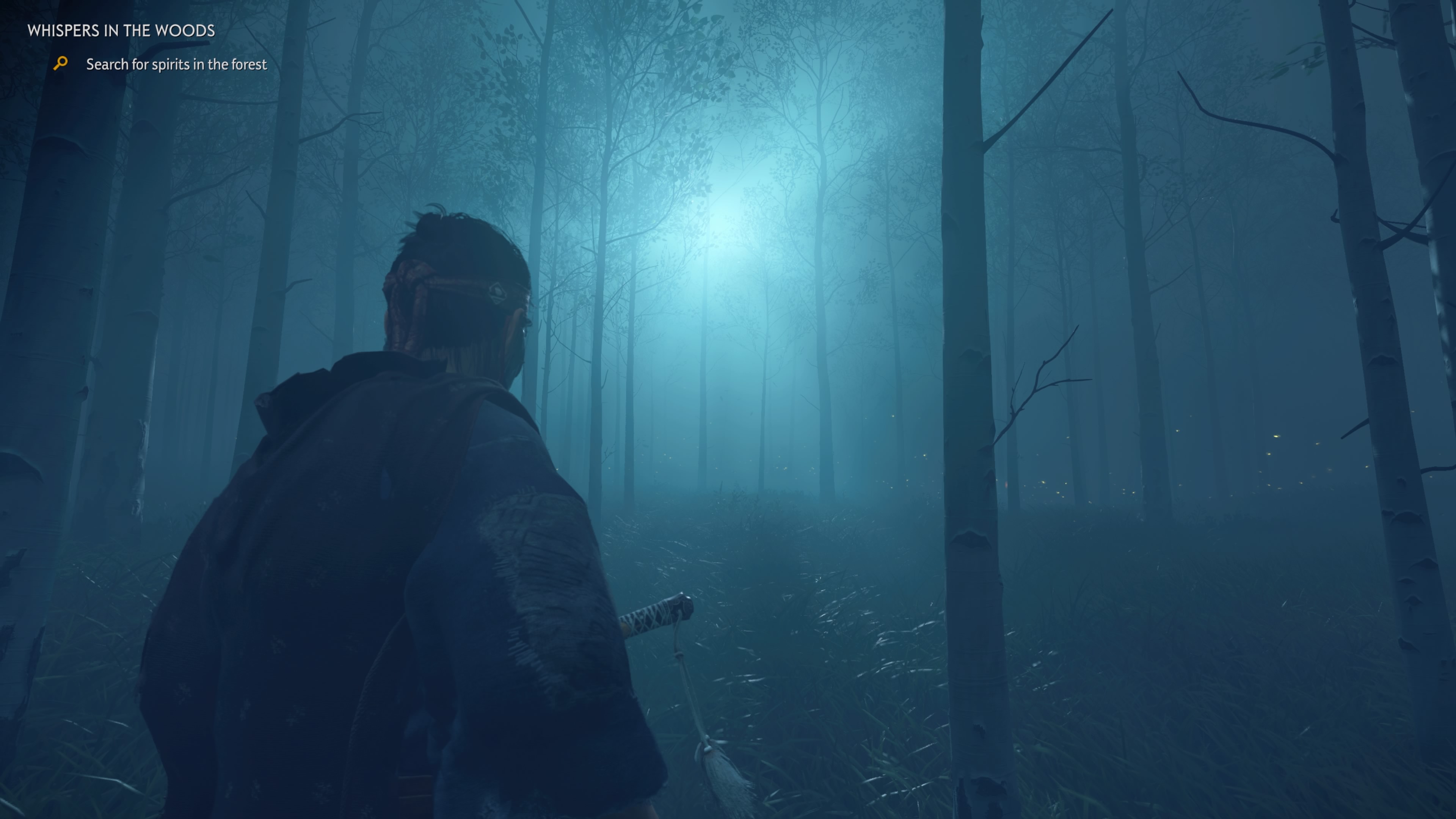 Ghost of Tsushima’s main character in a foggy forest at night