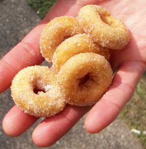 A hand holds tiny, sugar covered doughnuts
