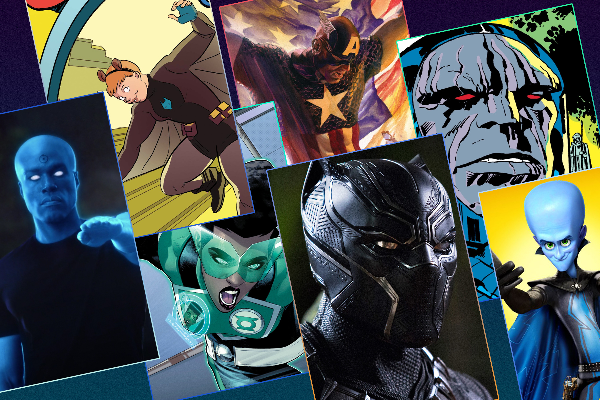 Graphic featuring a grid of images of Superheroes from comics and movies