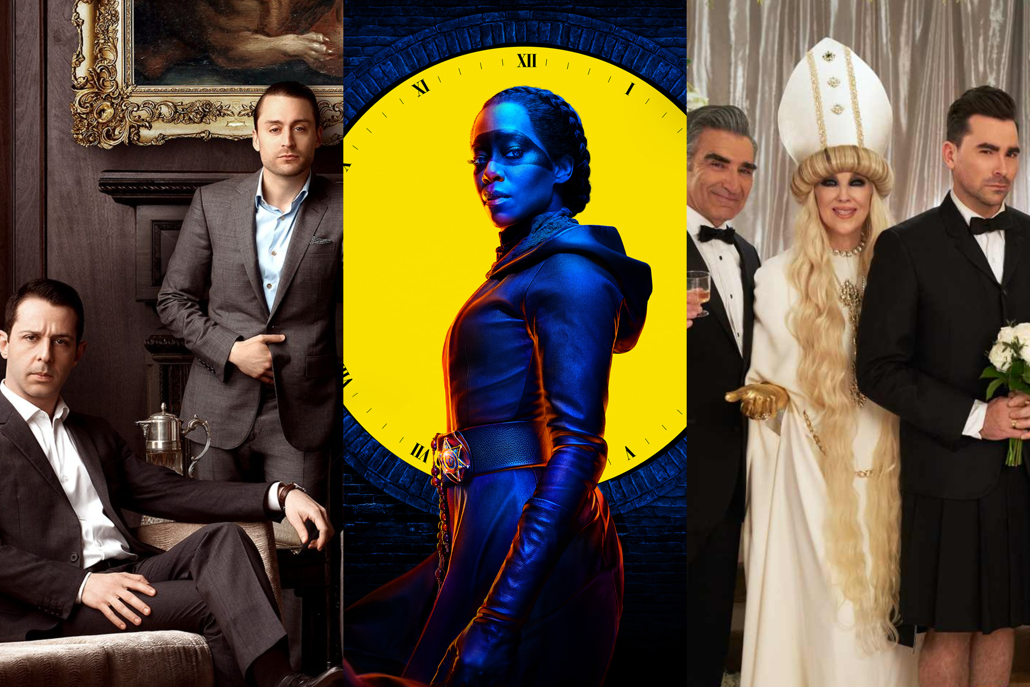 Images from HBO’s Succession, HBO’s Watchmen, and Pop’s Schitt’s Creek, from left to right.