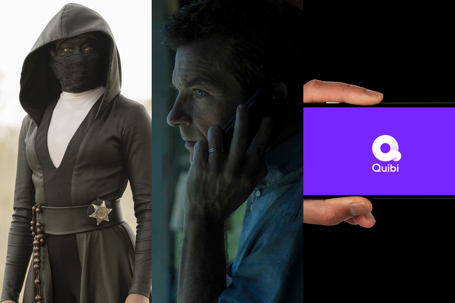 A triptych of Regina King in Watchmen, Jason Bateman in Ozark, and the Quibi logo.