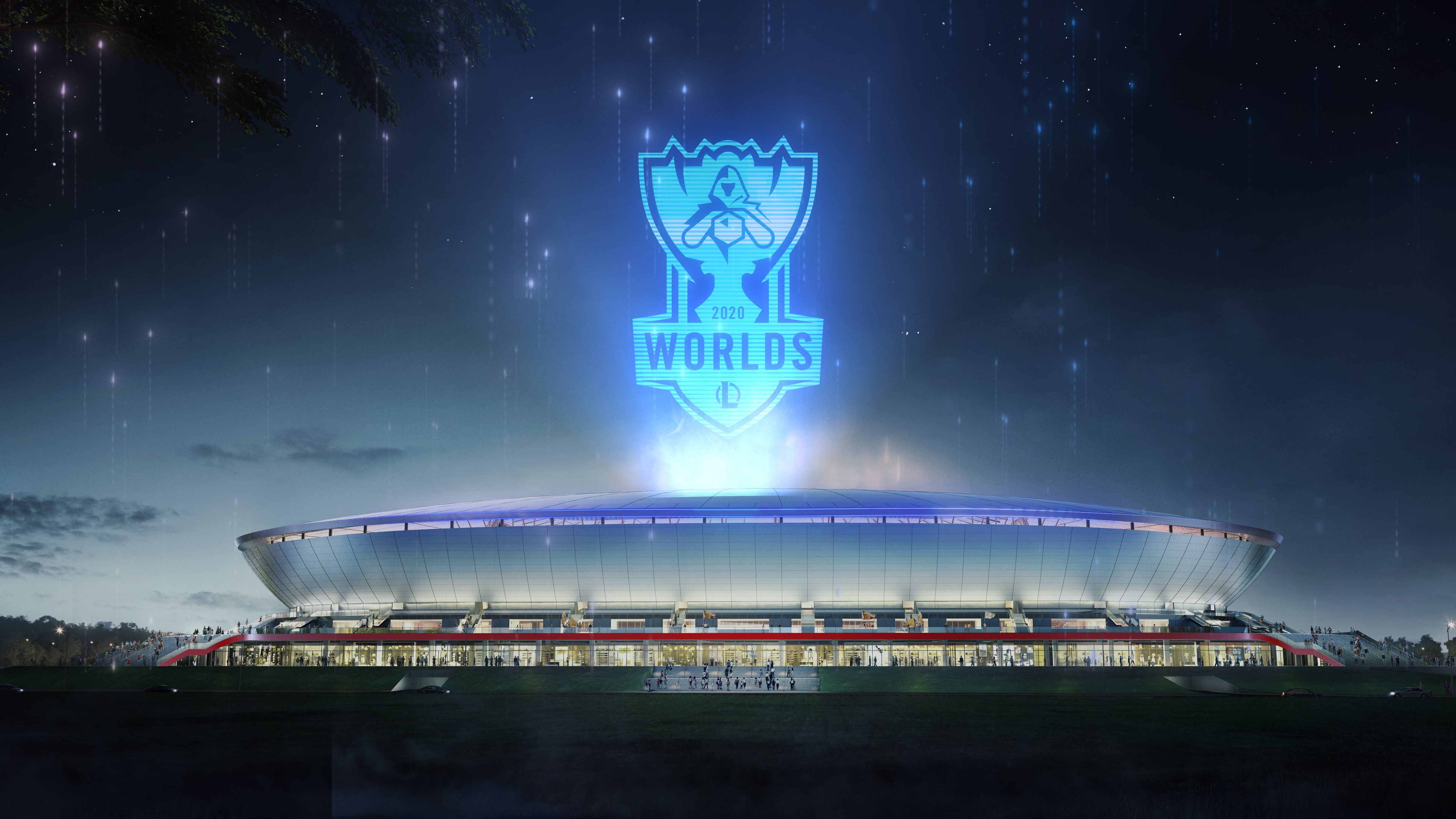 The League of Legends World Championship logo floats over the Pudong Soccer Stadium in Shanghai