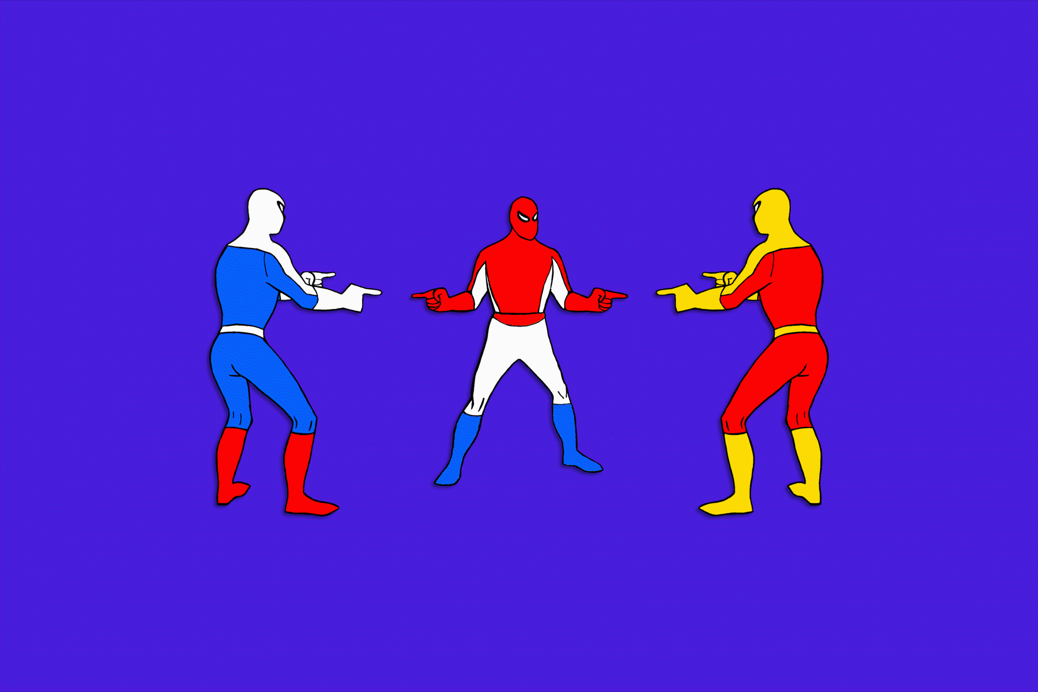 An illustration based on the Spider-Man Pointing at Spider-Man meme where there are three Spider-Man’s pointing fingers at each other. One whose outfit is red, white and blue, another’s outfit is white, blue and red and the third’s outfit is red and yellow.