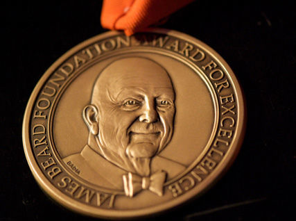 Closeup of the James Beard Foundation award medal.