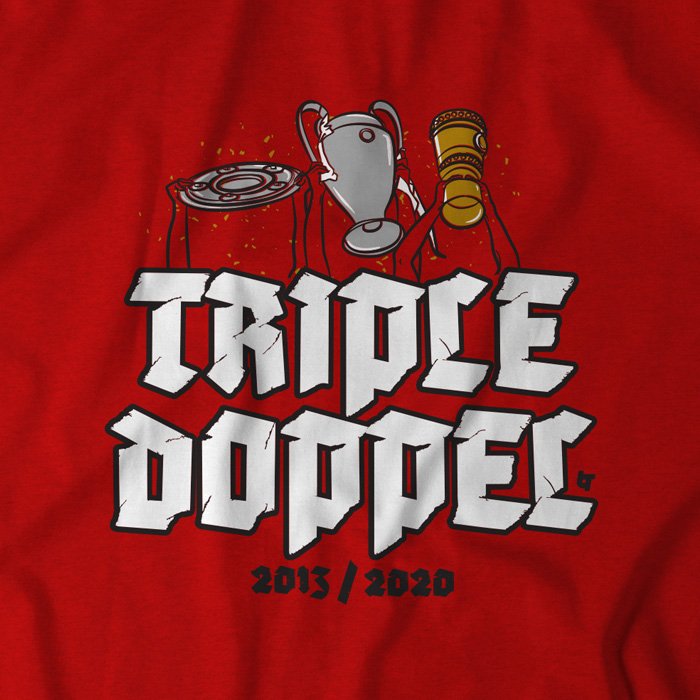 Bayern Munich TRIPLE DOPPEL T-shirt celebrates the historic second triple in club history with the 2020 Champions League victory over PSG.