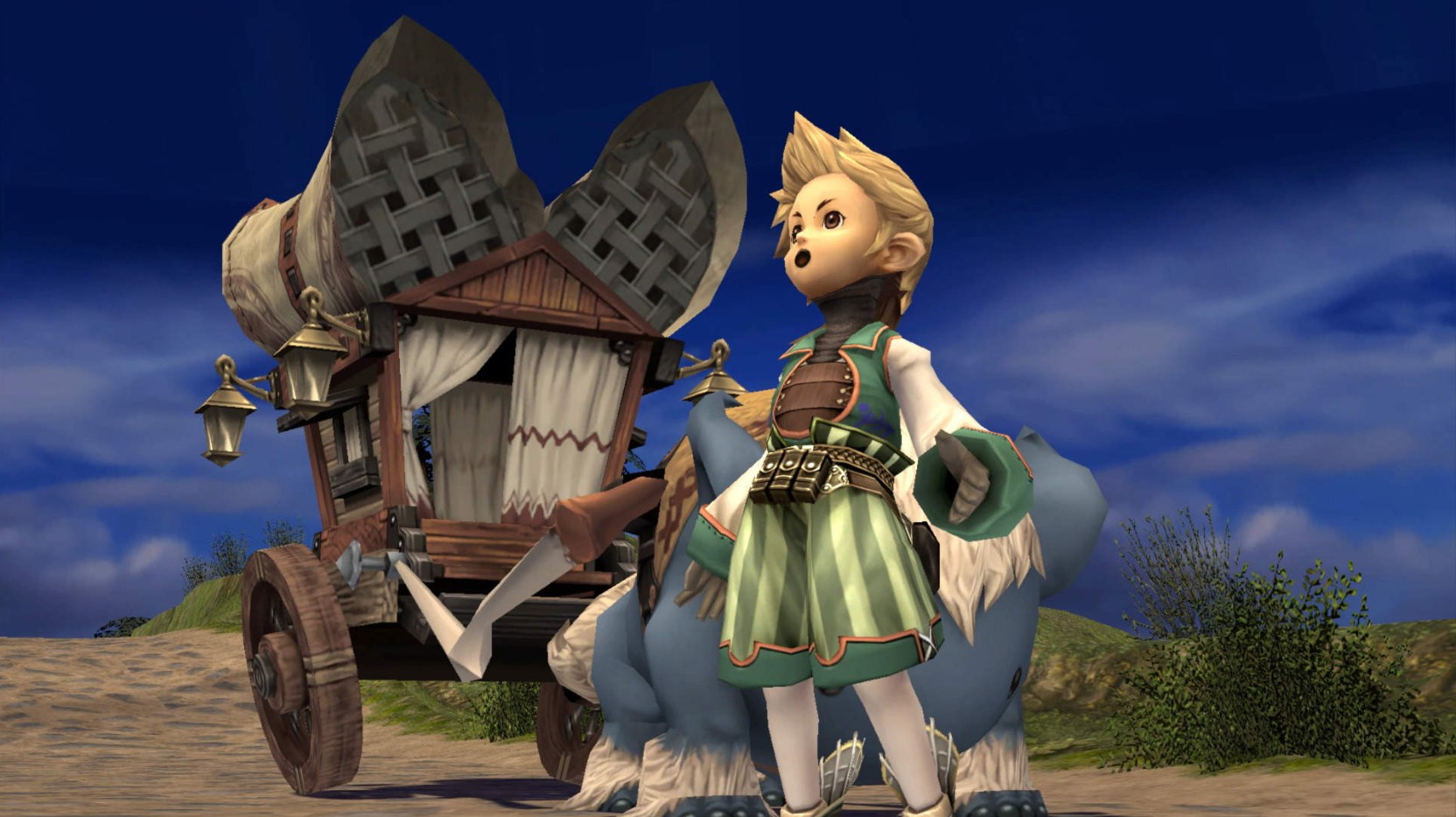 The main character from Crystal Chronicles stands in front of a caravan, shocked