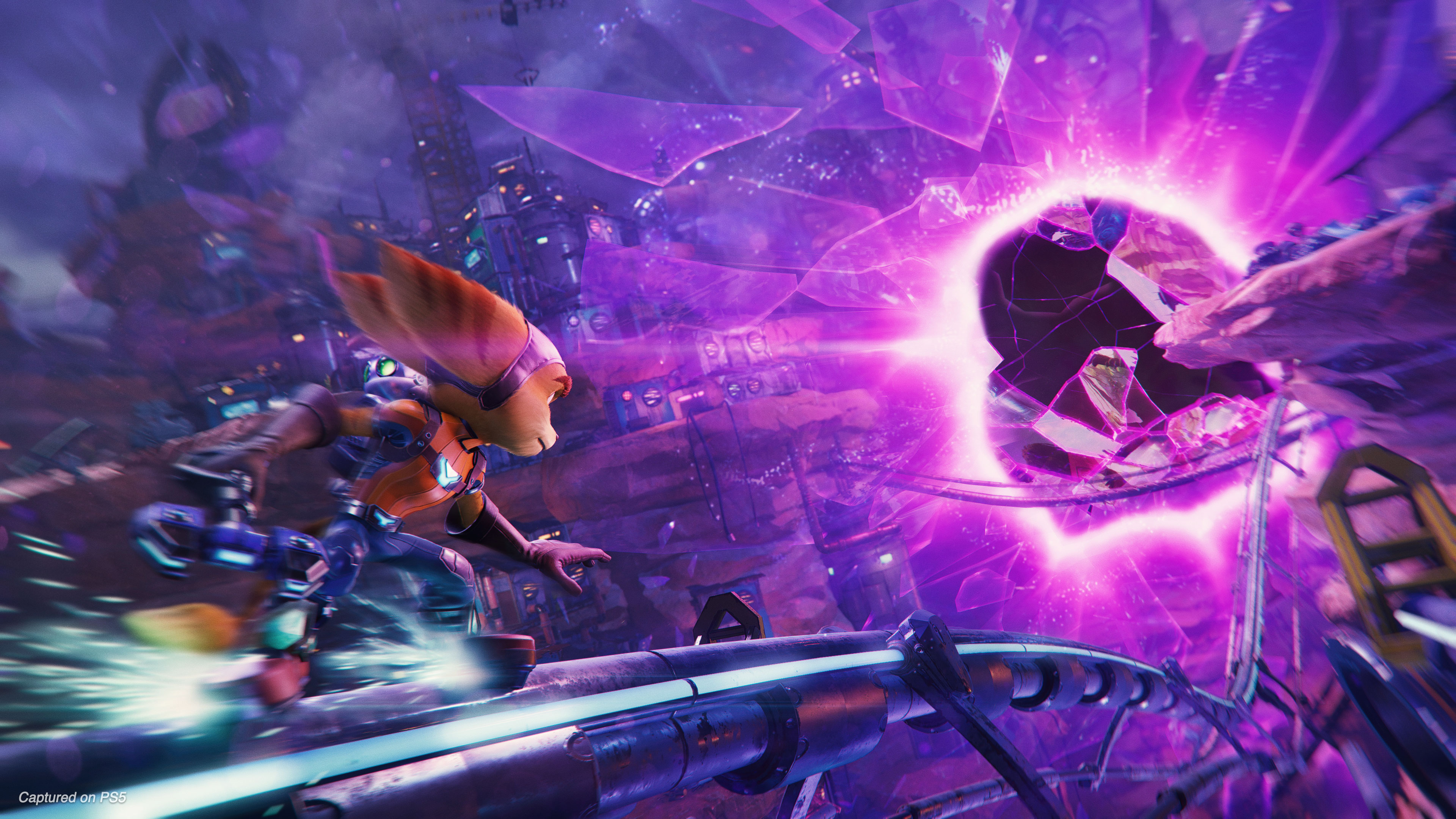 Ratchet grinds on a rail toward a glowing purple portal in a screenshot from Ratchet &amp; Clank: Rift Apart
