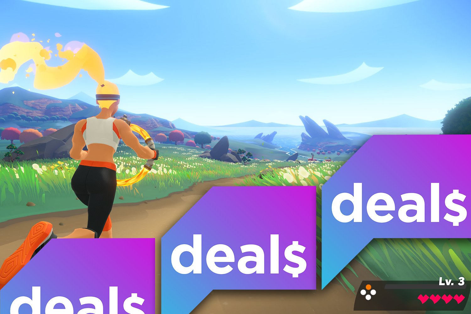 a screenshot from Ring Fit Adventure overlaid with the Polygon Deals logo