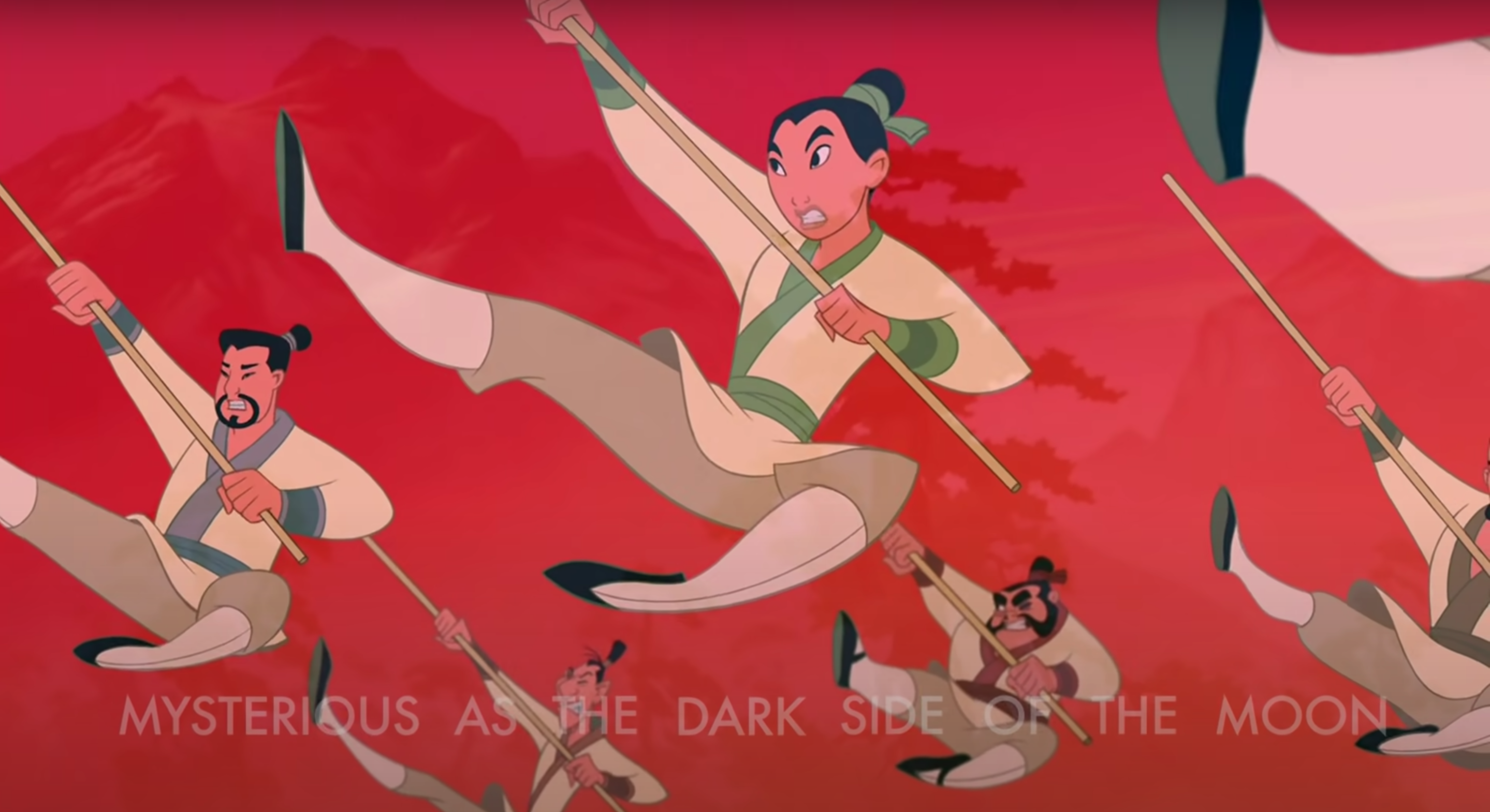 Mulan poses with her spear against a red background
