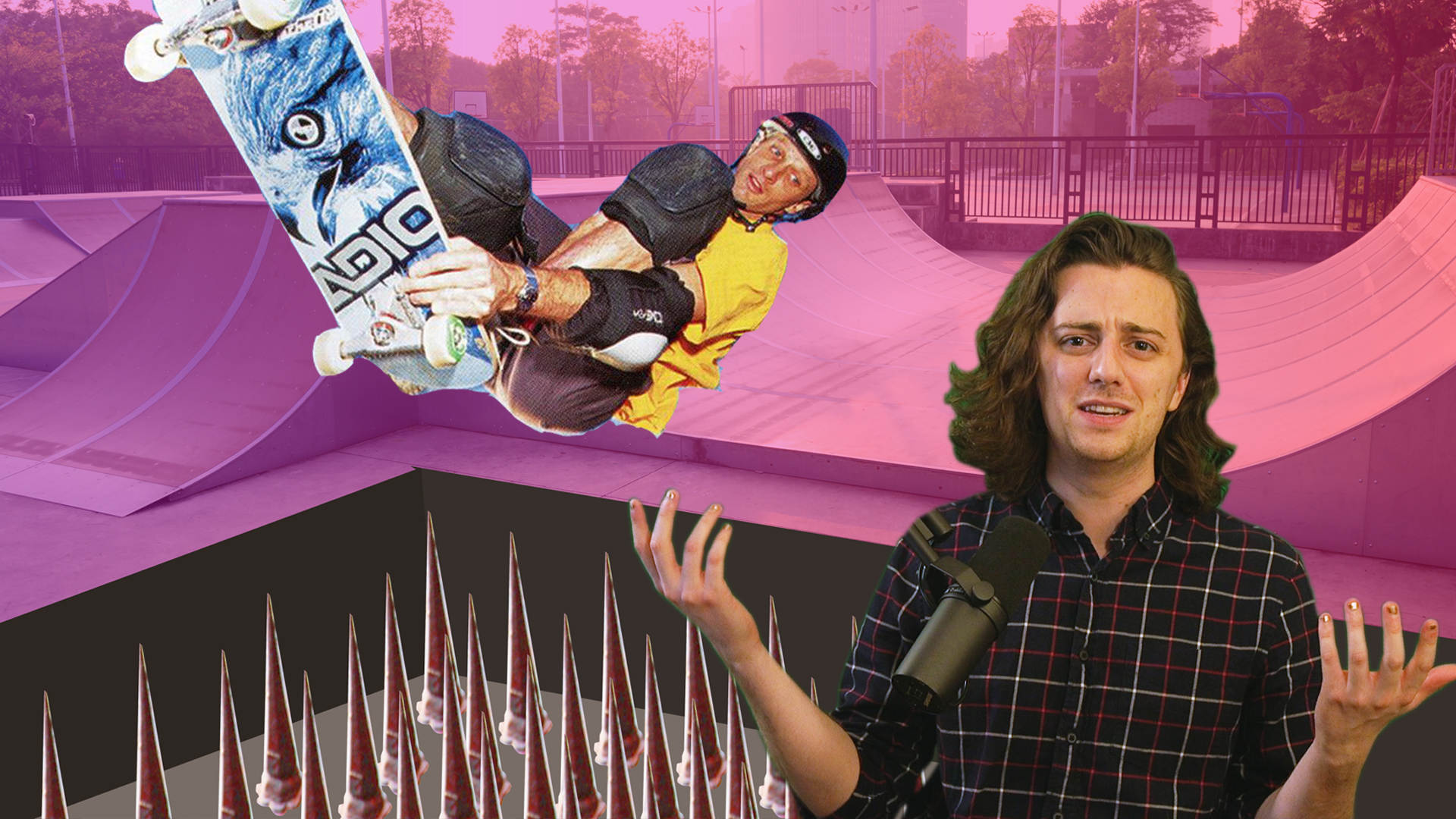 Brian David Gilbert gestures in confusion in front of an image of Tony Hawk falling into a pit of spikes.