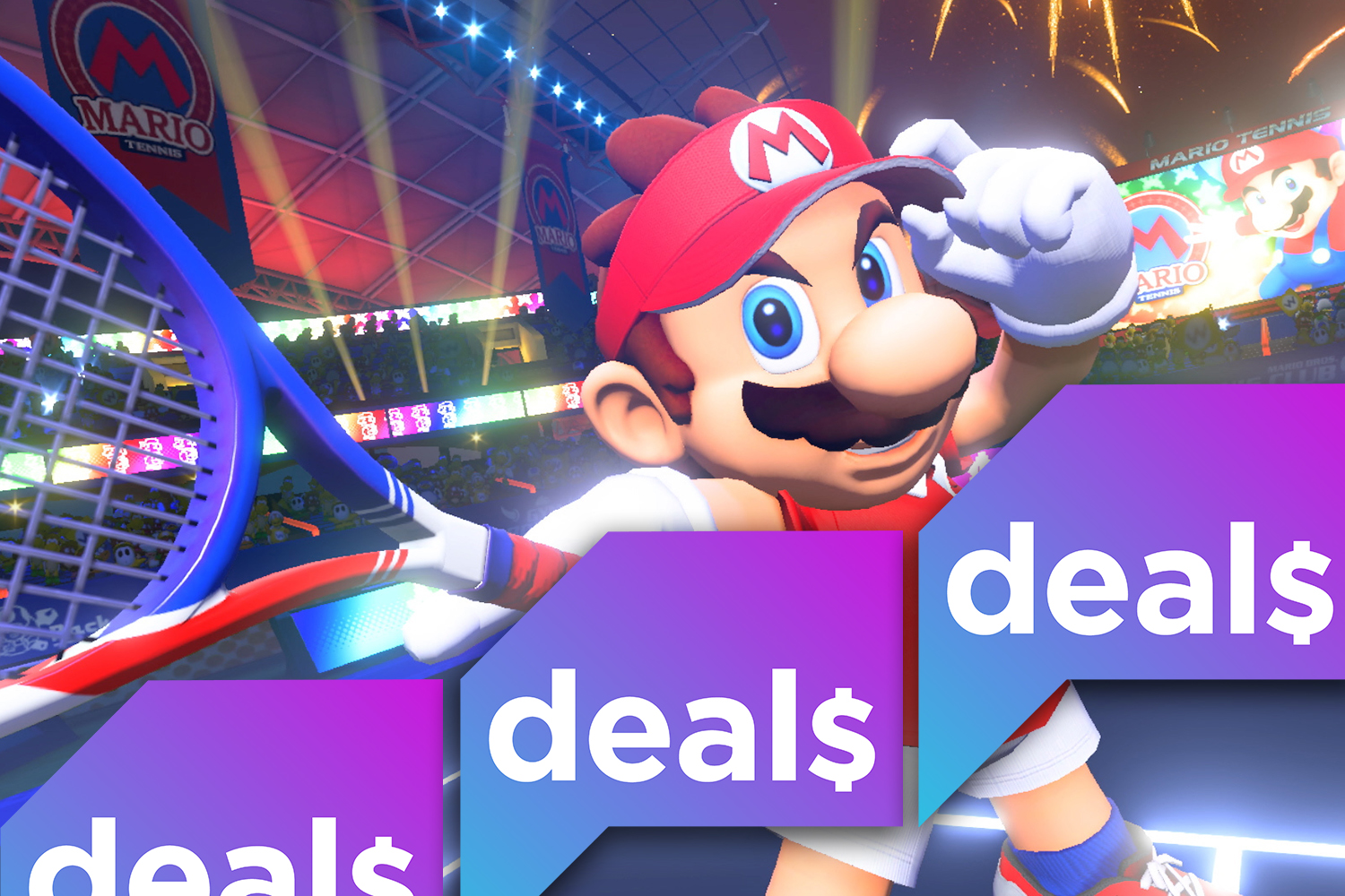 mario brandishes a tennis racquet overlaid with the polygon deals logo