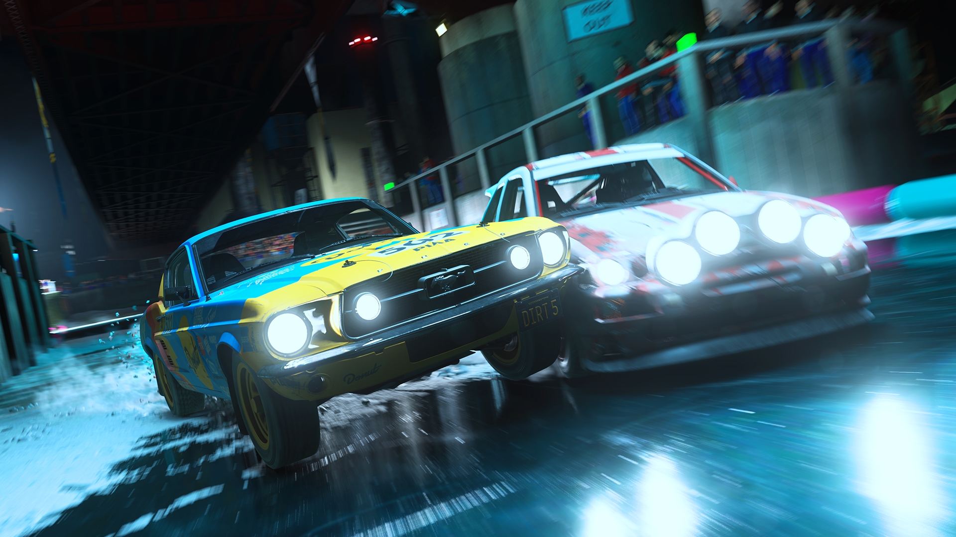 Cars race at nighttime in a screenshot from Dirt 5