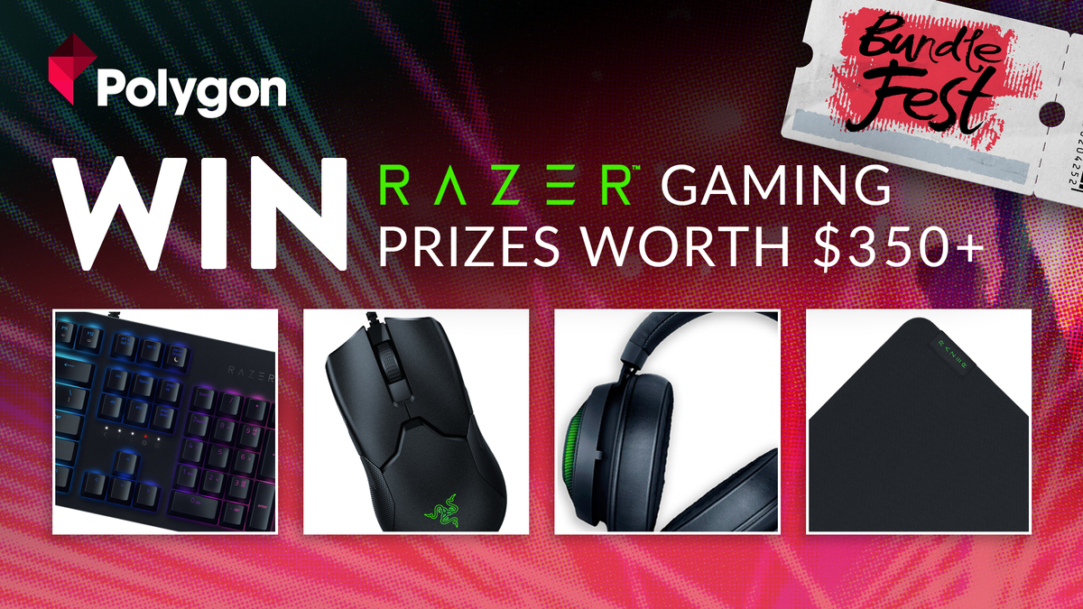a promotional image for Polygon and Fanatical’s giveaway that reads “Win Razer gaming prizes worth $350+”