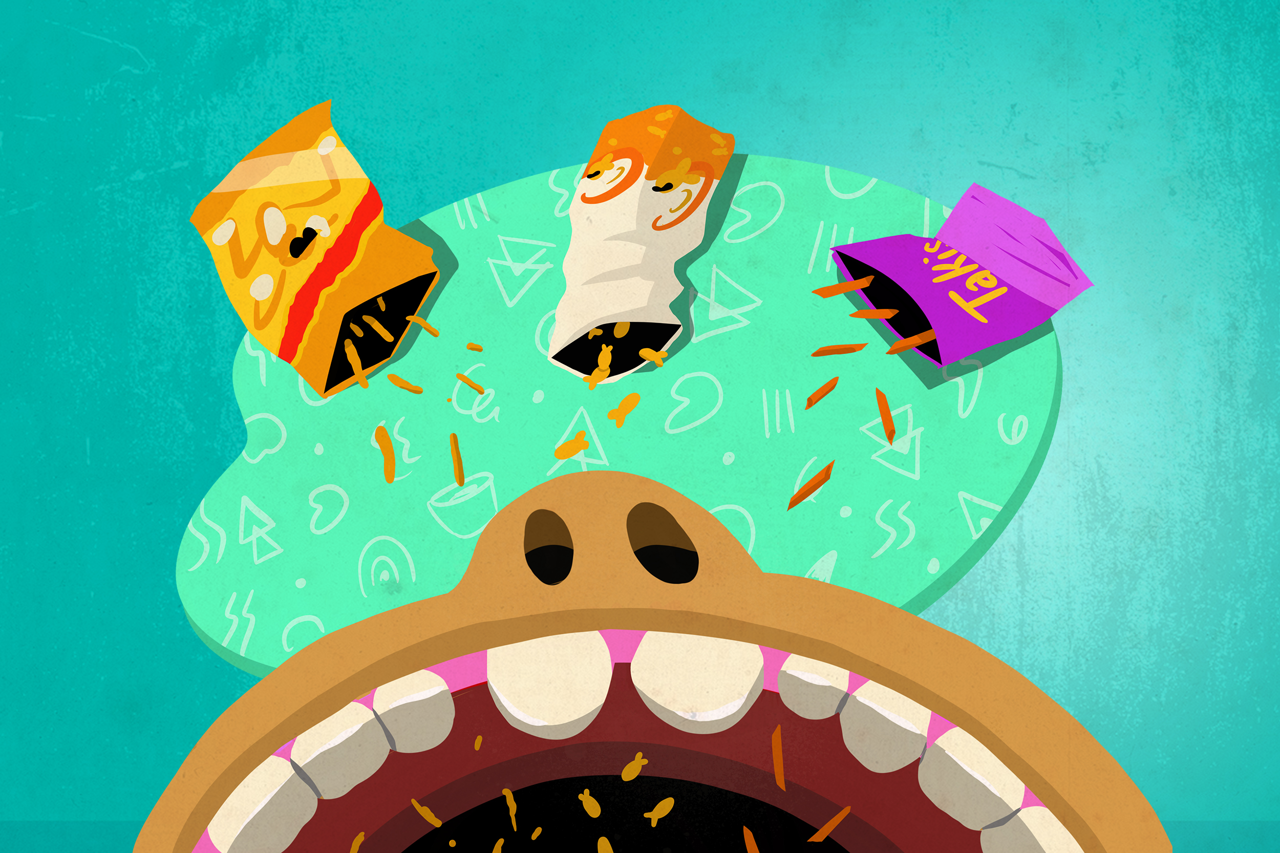 Illustration of three bags of snacks (Takis, Cheetos, and Goldfish) falling into a child’s open mouth.