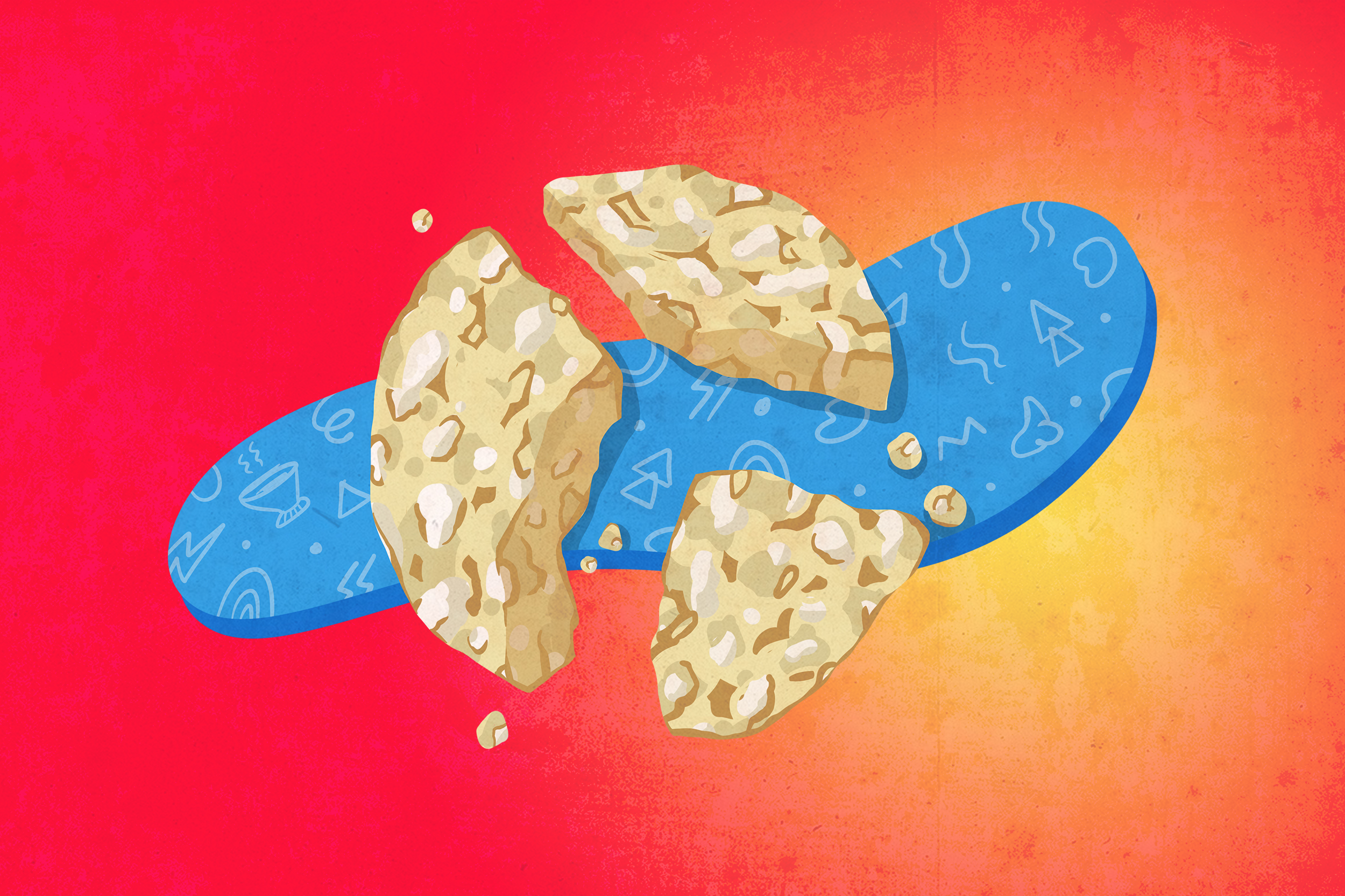 An illustration of a rice cake broken into three parts on a red and blue geometric background.