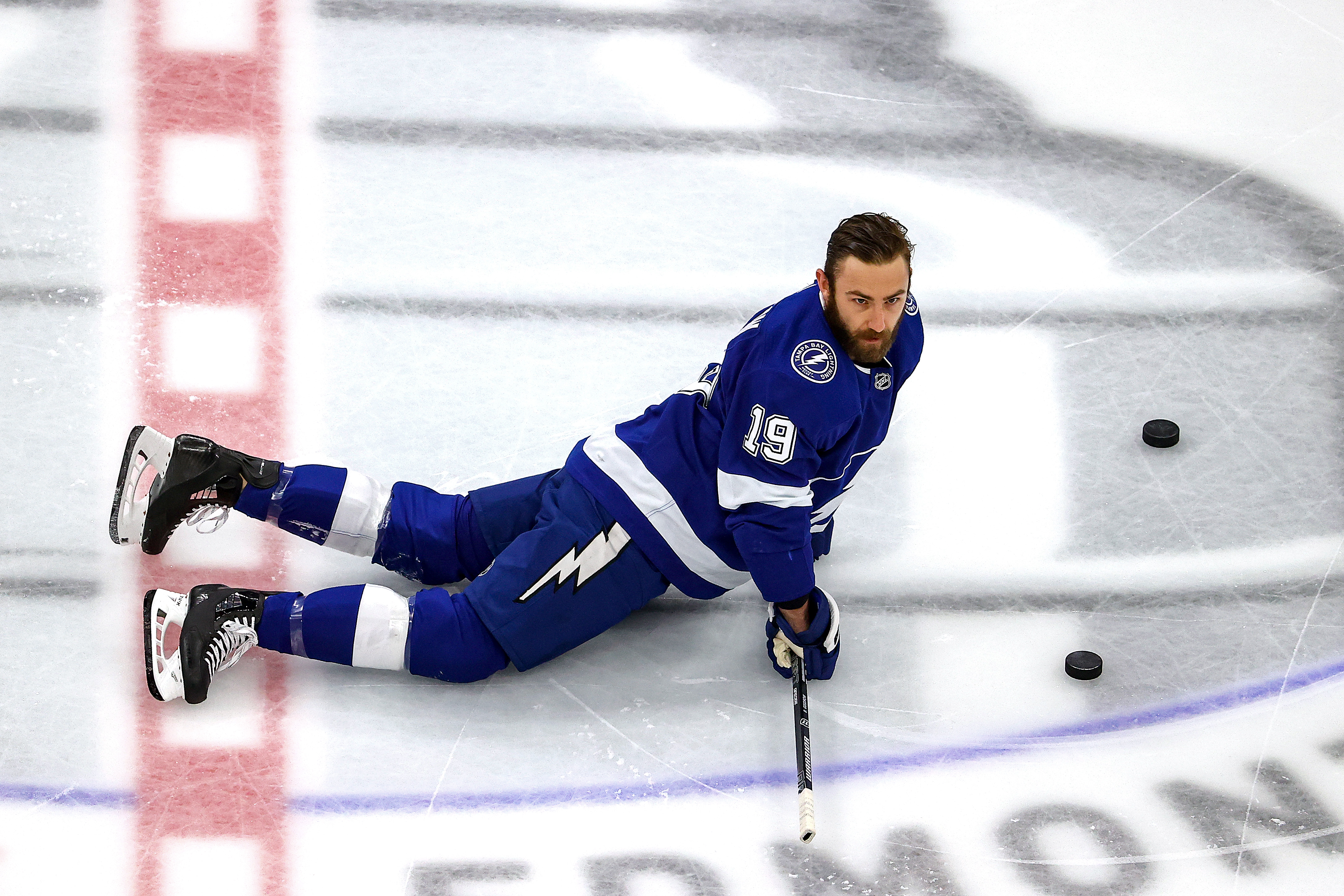 EDMONTON, ALBERTA - SEPTEMBER 15: Barclay Goodrow #19 of the Tampa Bay Lightning stretches in warm-ups prior to Game Five of the Eastern Conference Final against the New York Islanders during the 2020 NHL Stanley Cup Playoffs at Rogers Place on September 15, 2020 in Edmonton, Alberta, Canada.