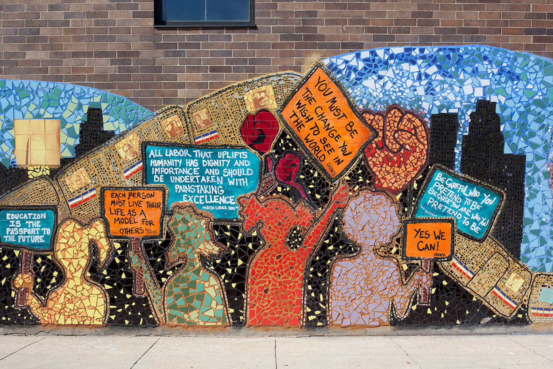 The mosaic at Uplift Community High School in Uptown features images of community activists and the neighborhood.