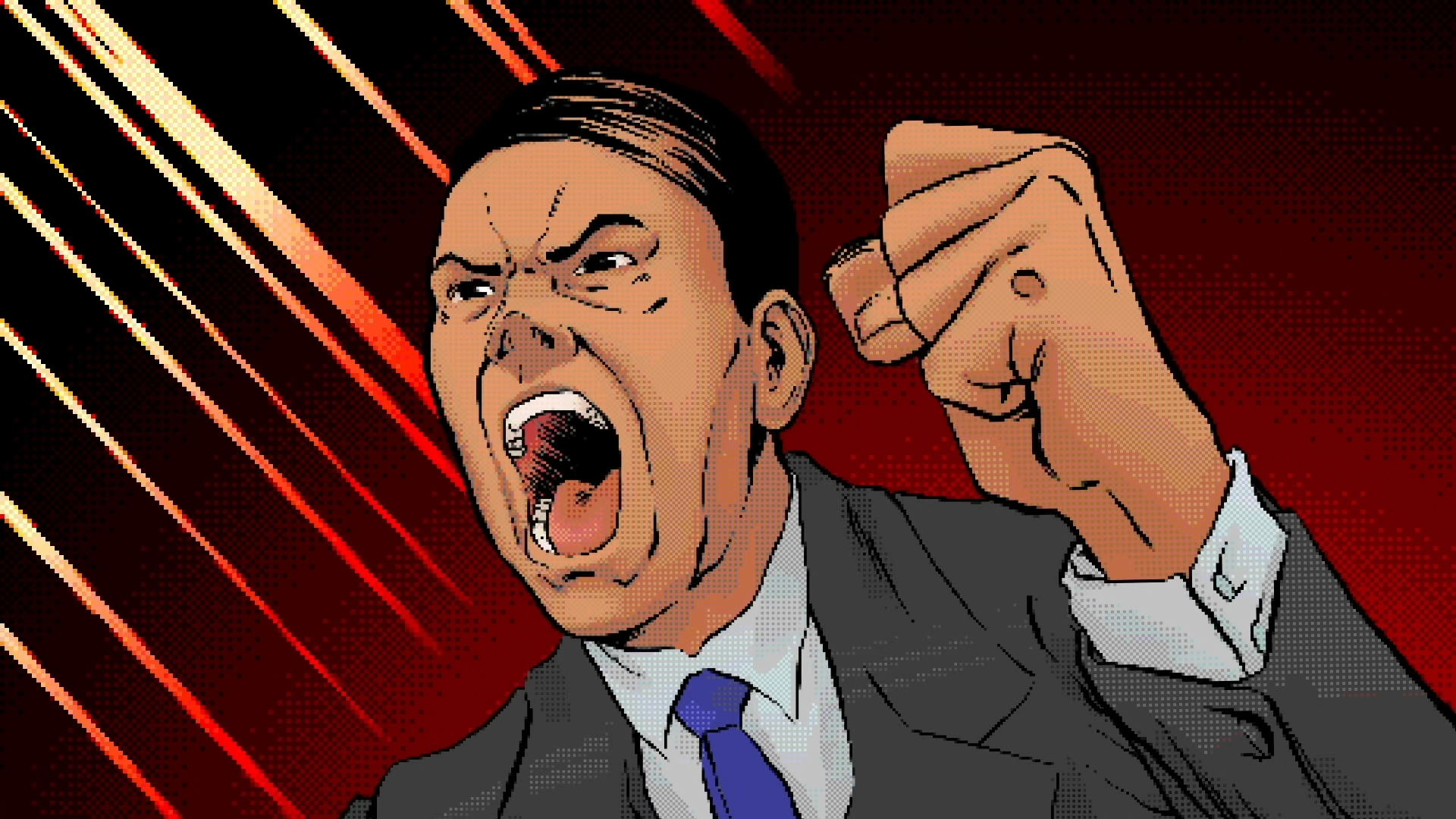 cartoon image of a Japanese executive raising his fist and yelling