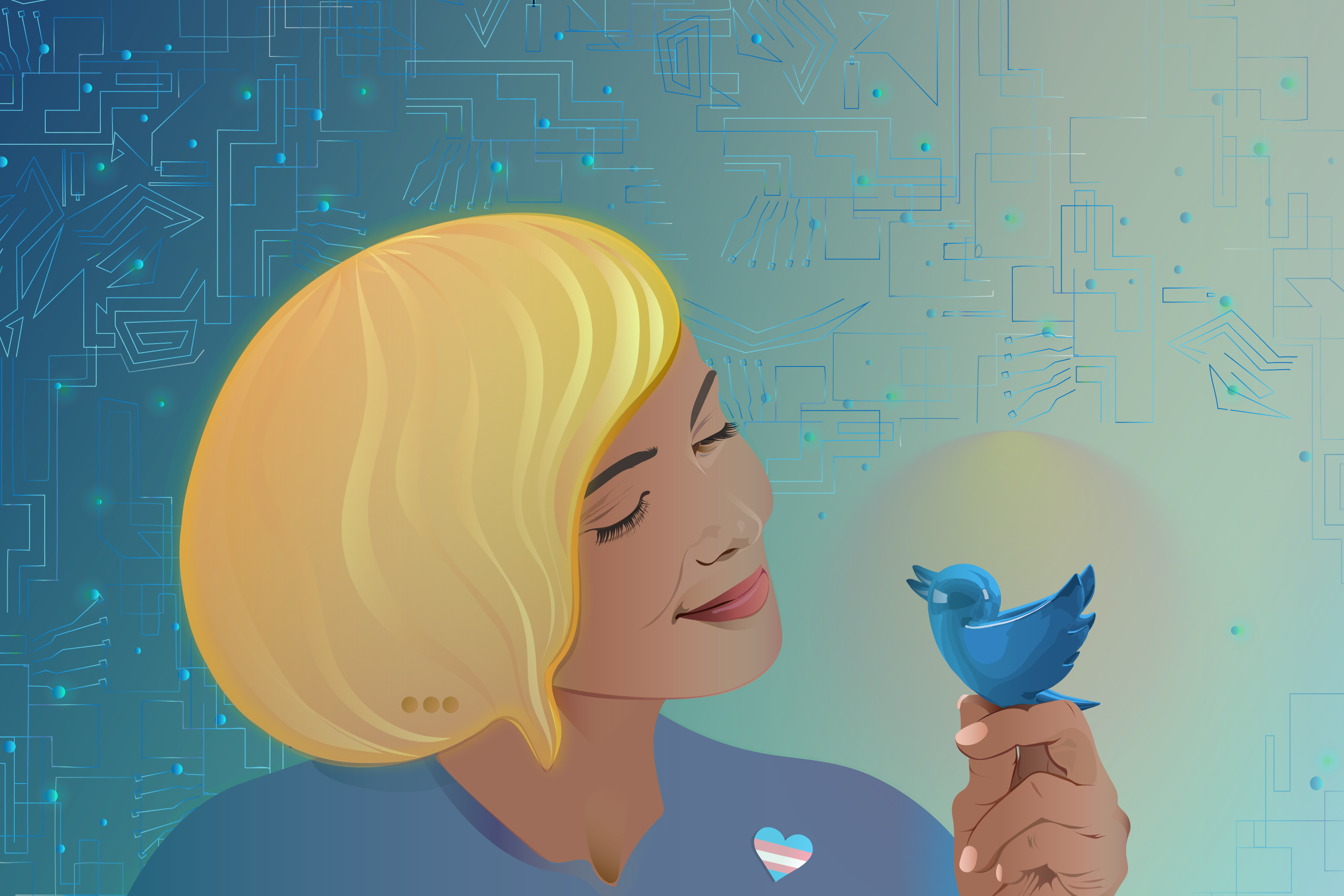 A drawing of a smiling person holding up and gazing toward a small blue bird that represents Twitter.