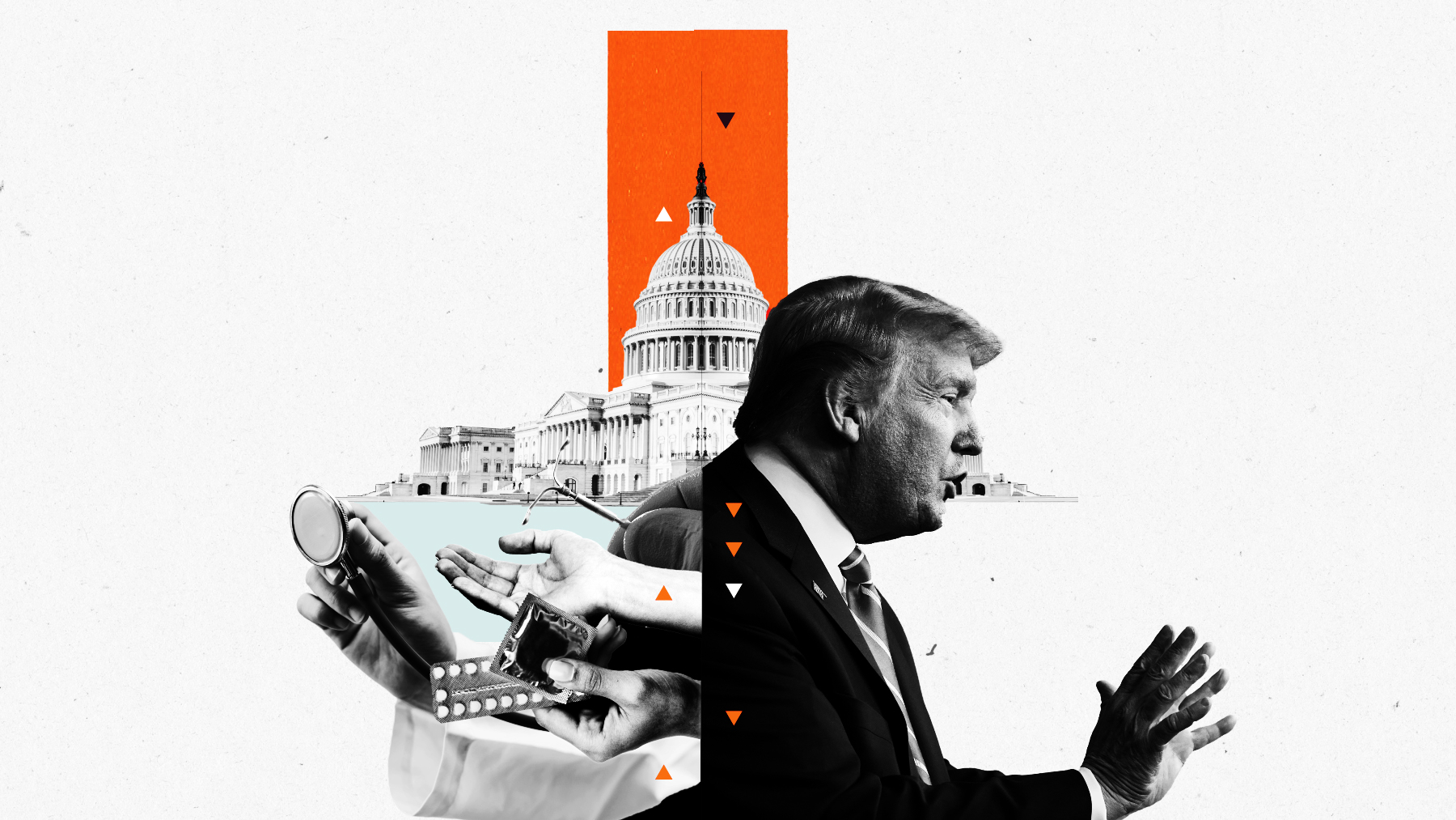 An illustration of Trump and the Capitol and hands outstretched with birth control pills