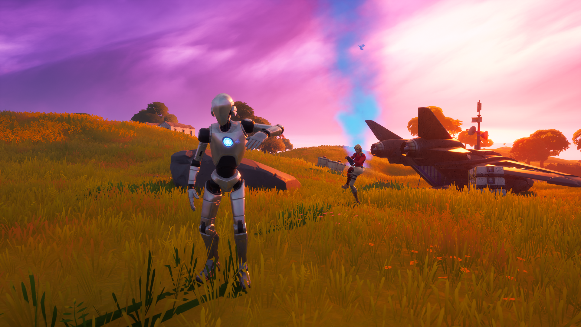 A Stark Inudstries robot and a player dancing in Fortnite