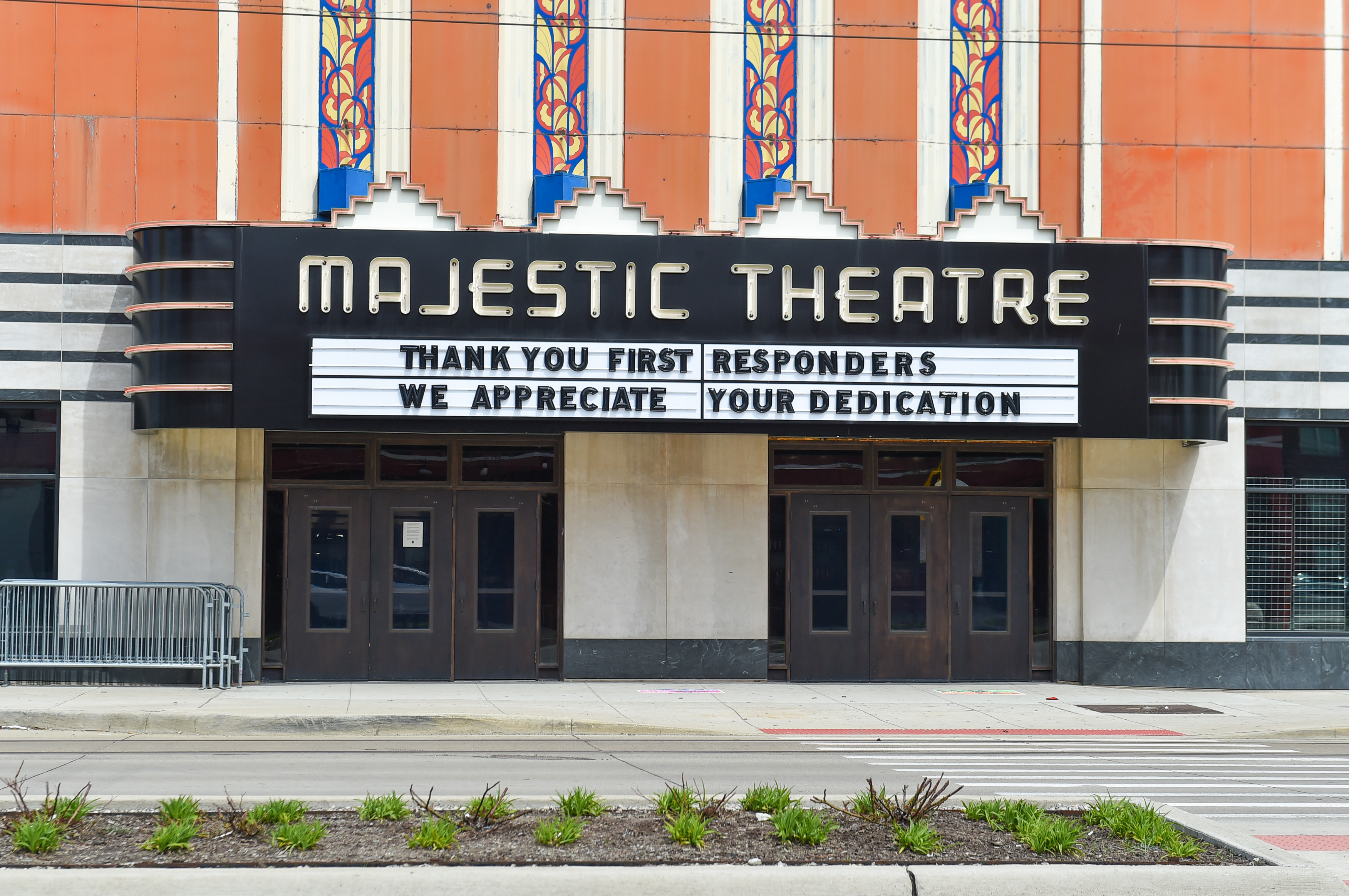 APRIL 26: A sign displays a positive message thanking first responders outside of a closed Majestic Theatre as the coronavirus pandemic continues on April 26, 2020 in Detroit, Michigan. Michigan Governor Gretchen Whitmer issued an executive order banning all gatherings, public or private resulting in the closing of most businesses such as event and concert venues in the State due to the coronavirus (COVID-19) global pandemic.
