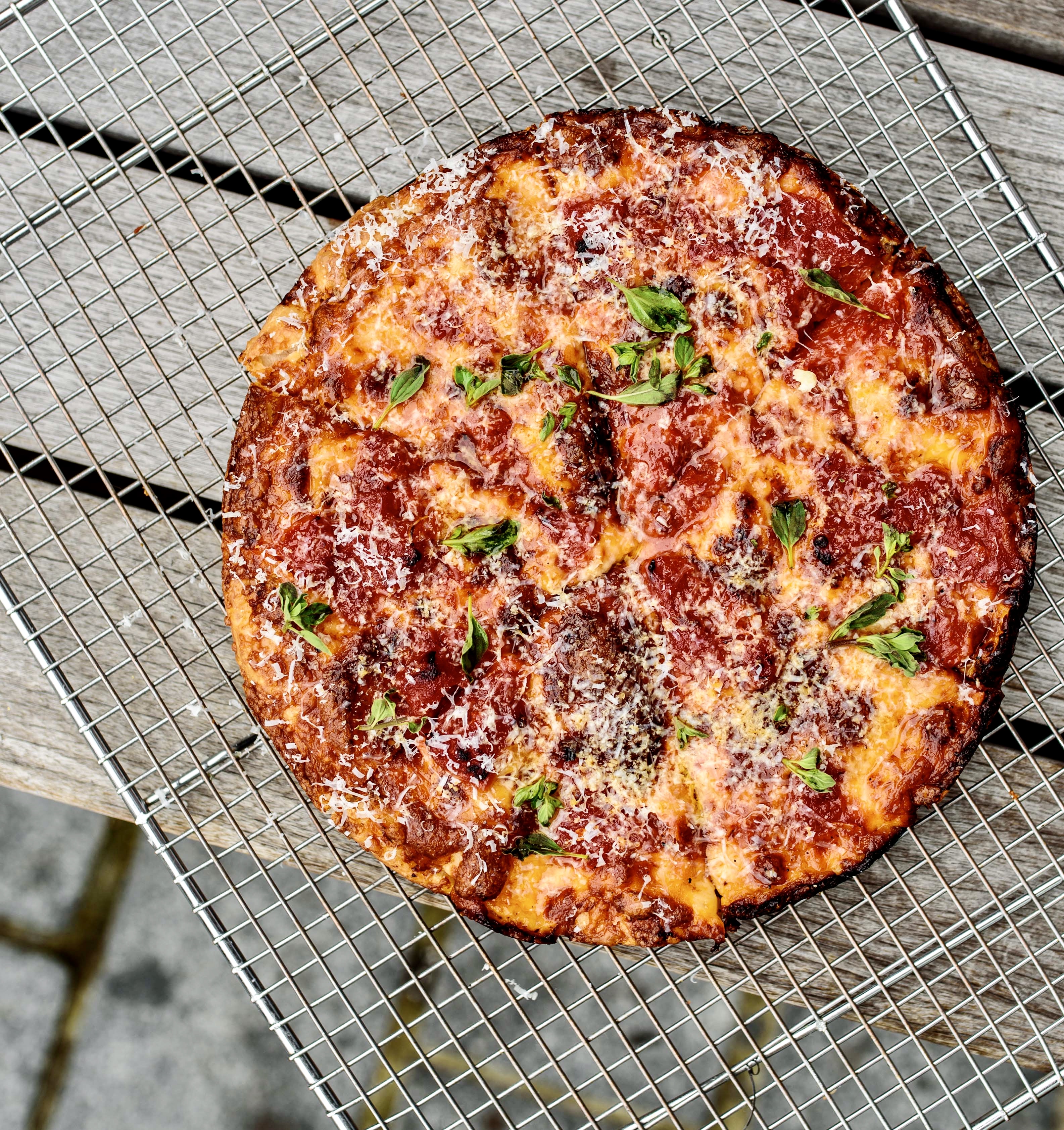 A pan pizza with a 72-hour fermented dough from Grazie Grazie
