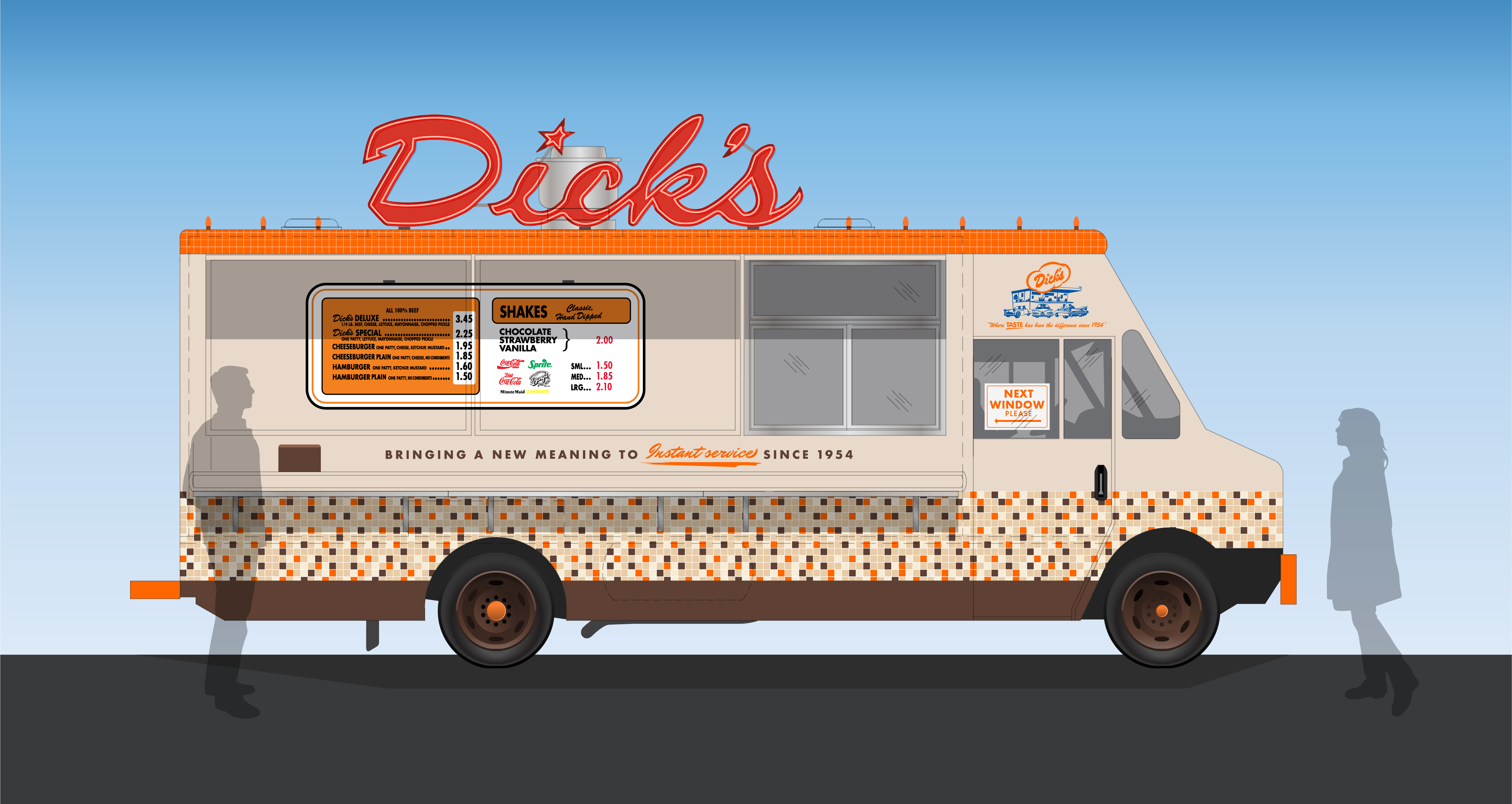 A computer rendering showing a food truck with the “Dick’s Drive-In” logo on the side in orange script lettering 