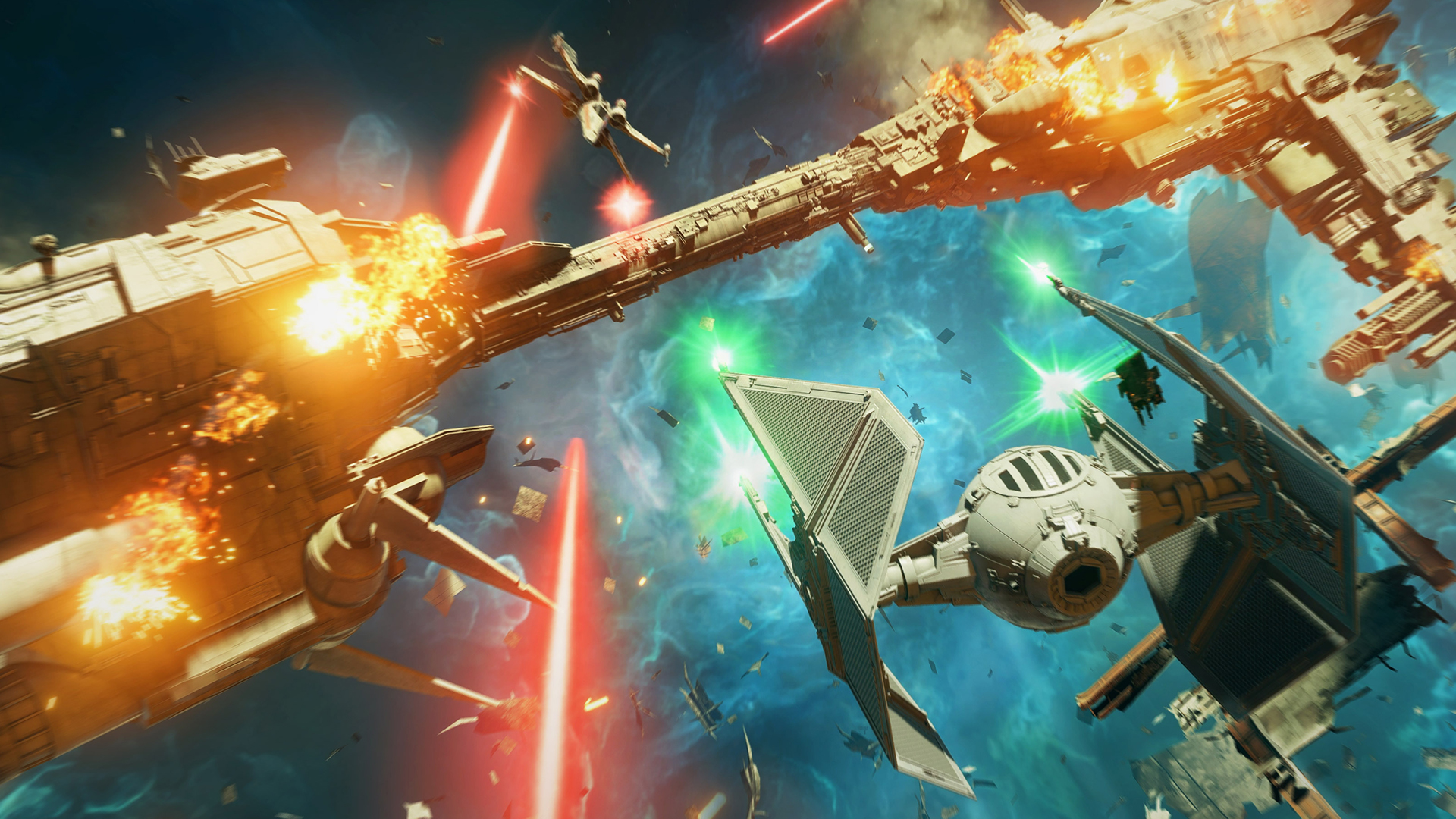 A TIE Interceptor bears down on a New Republic frigate in a blue nebula in Star Wars: Squadrons