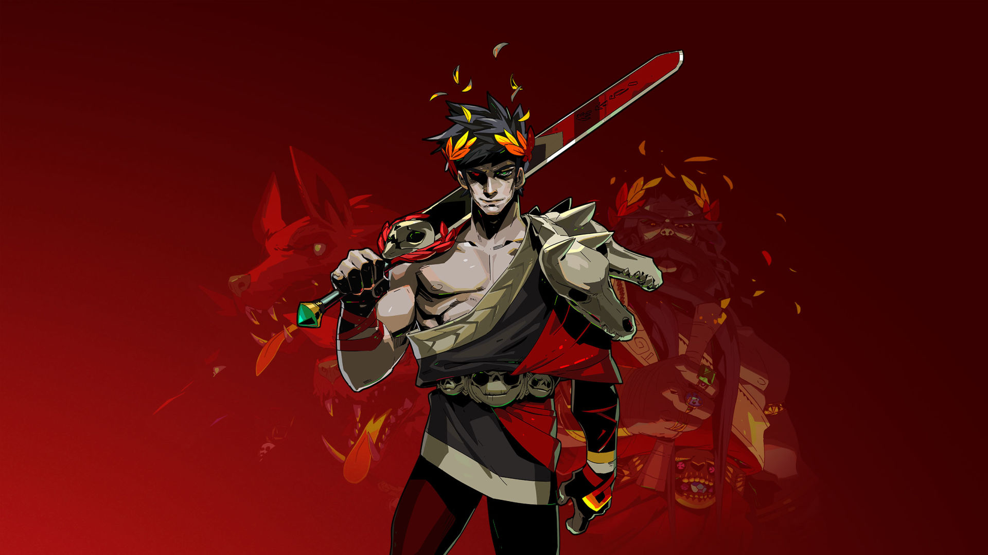 Artwork for Hades with a muscular man in ancient Greek clothing wit a crown of red, yellow, and orange laurels and a massive red sword hanging over his right shoulder.
