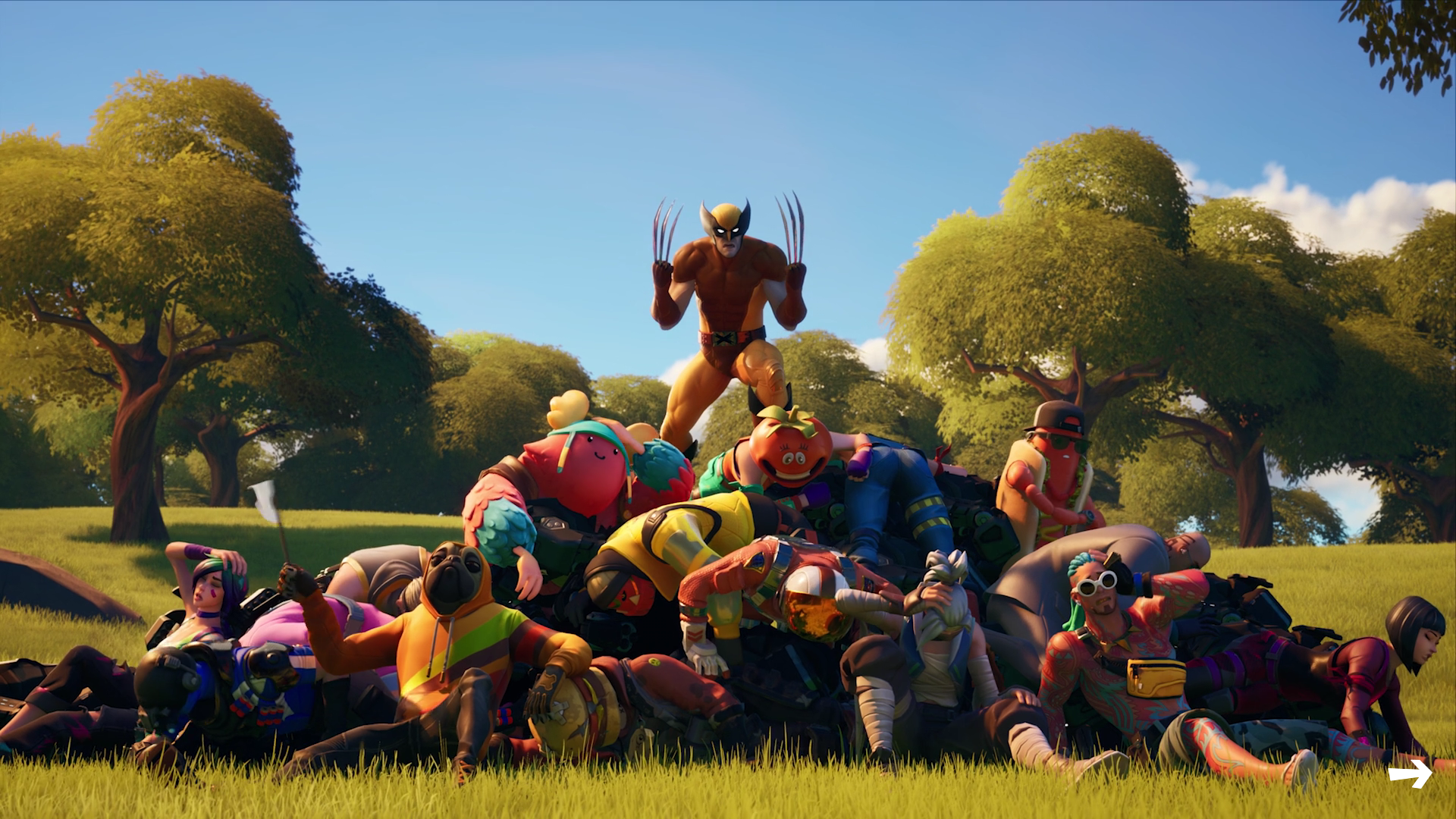 Wolverine standing on top of a pile of dead Fortnite players