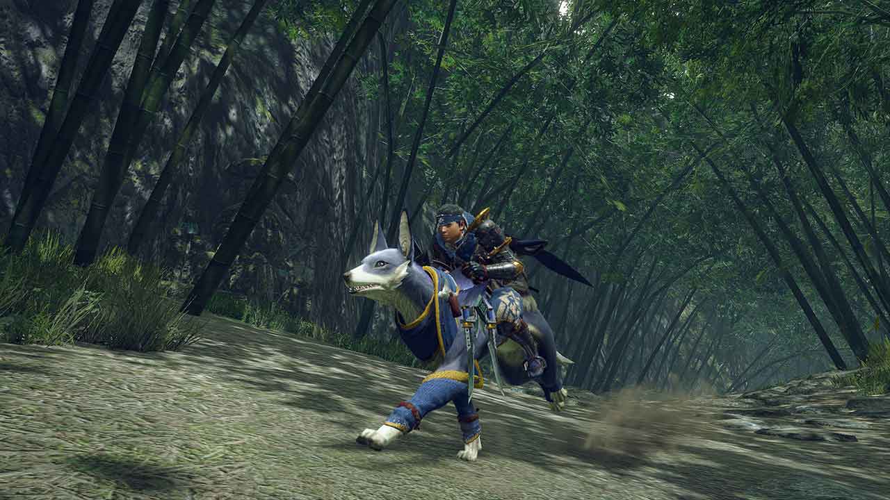 A hunter rides on his dog Palamute through a wooded trail in Monster Hunter Rise.