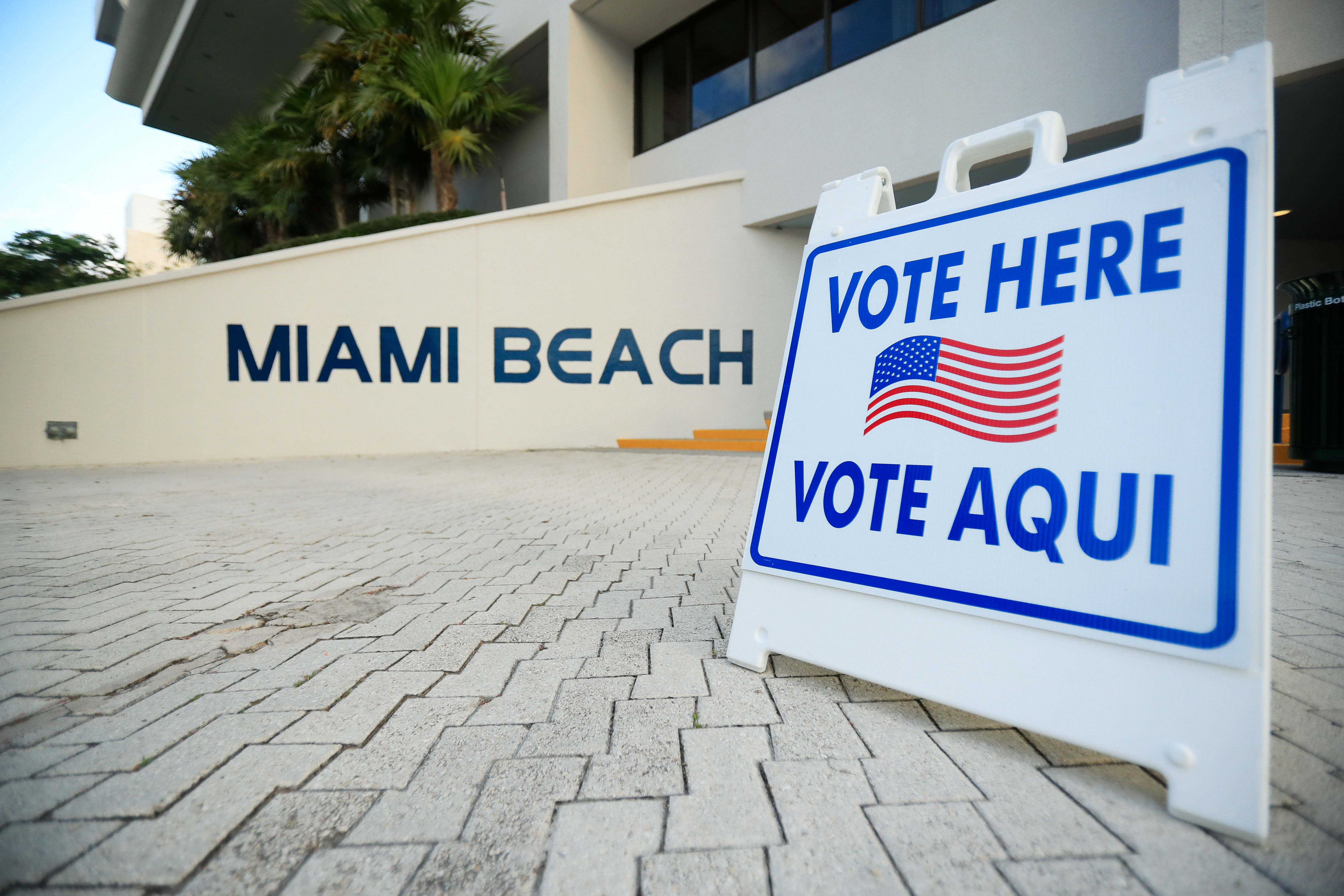 A “vote here” sign seen in Miami Beach, Florida.