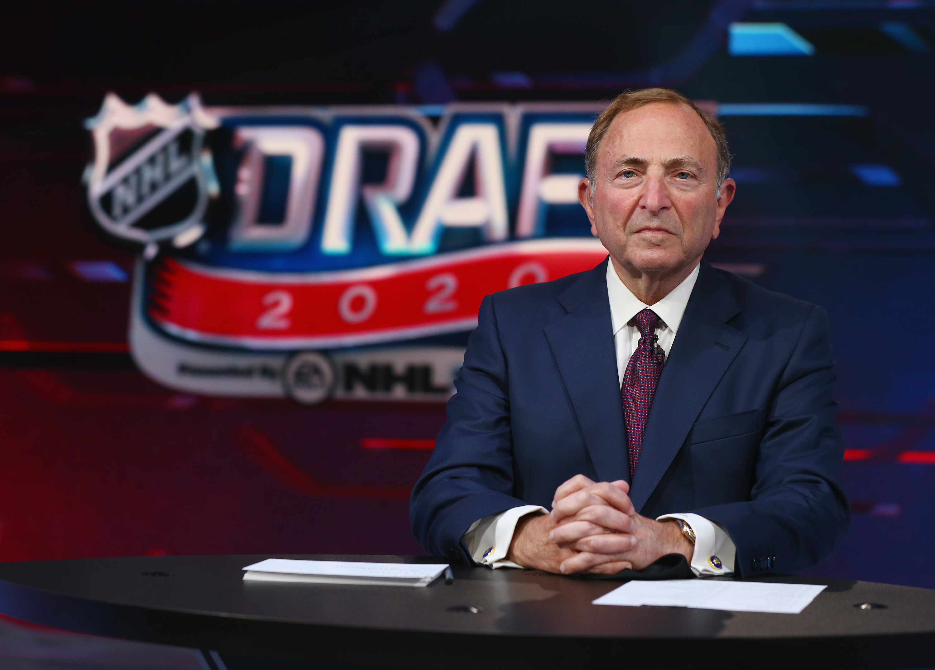 SECAUCUS, NEW JERSEY - OCTOBER 06: NHL commissioner Gary Bettman prepares for the first round of the 2020 National Hockey League Draft at the NHL Network Studio on October 06, 2020 in Secaucus, New Jersey.