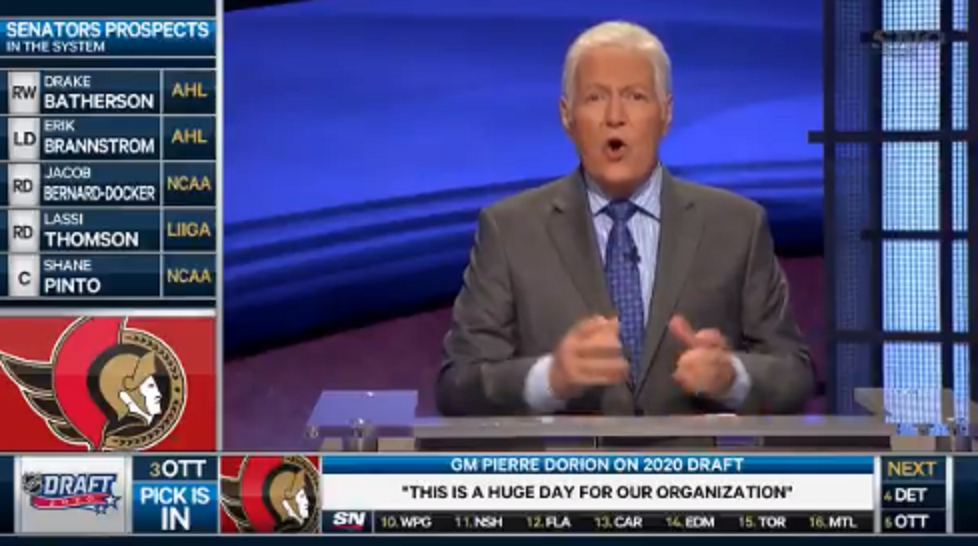 Alex Trebek is on the Jeopardy TV show set, announcing the Ottawa Senators draft pick.