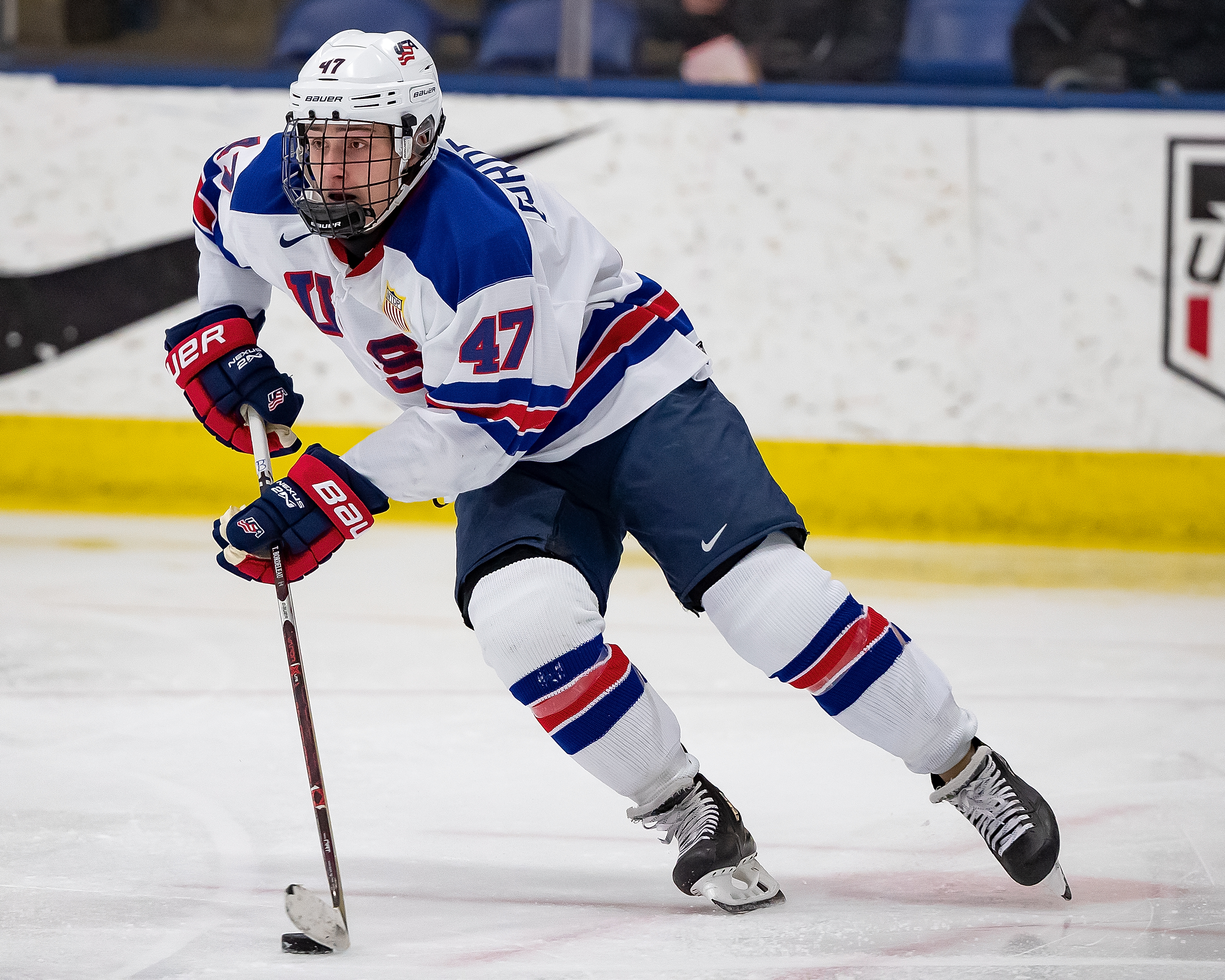 PLYMOUTH, MI - DECEMBER 11: Thomas Bordeleau #47 of the U.S. Nationals turns up ice with the puck against the Slovakia Nationals during game two of day one of the 2018 Under-17 Four Nations Tournament game at USA Hockey Arena on December 11, 2018 in Plymouth, Michigan. USA defeated Slovakia 7-2.