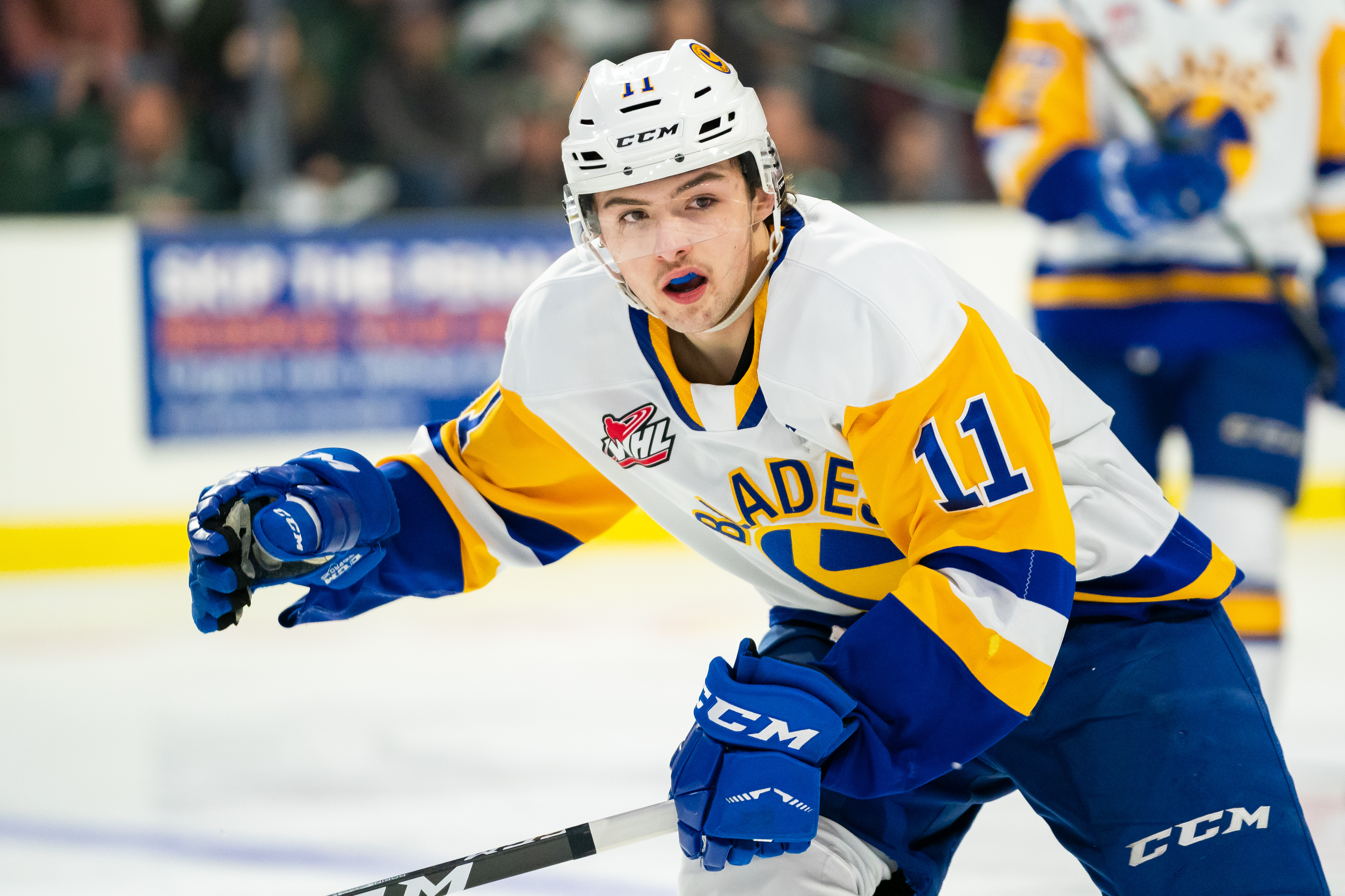 Saskatoon Blades forward Tristen Robins #11 chases the action during the third period of a game between the Everett Silvertips and the Saskatoon Blades at Angel of the Winds Arena on November 22, 2019 in Everett, Washington.