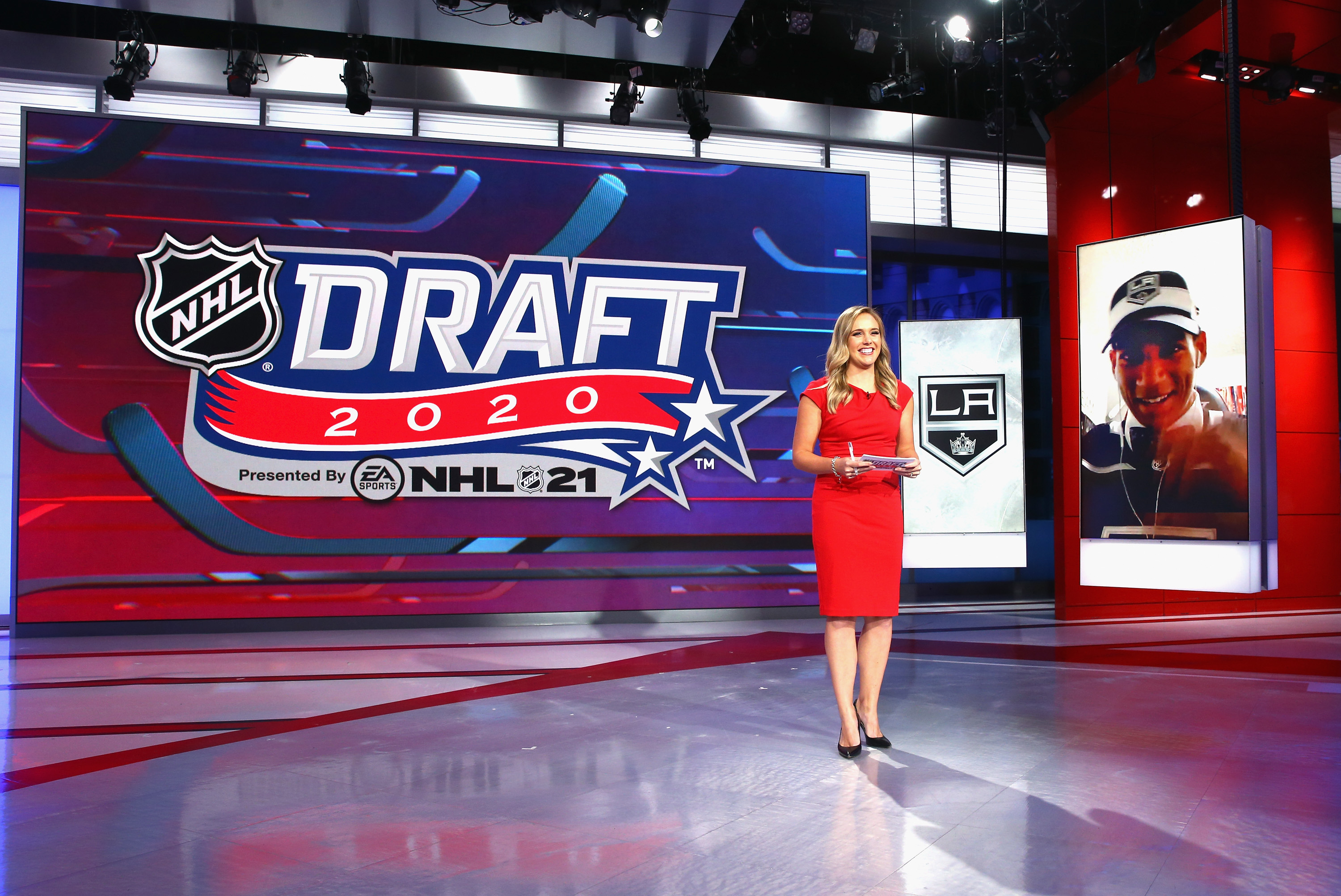 SECAUCUS, NEW JERSEY - OCTOBER 06: Jamie Hersch of the NHL Network interviews Quinton Byfield of Sudbury of the OHL after his selection by the Los Angeles Kings in the 2020 National Hockey League Draft at the NHL Network Studio on October 06, 2020 in Secaucus, New Jersey.