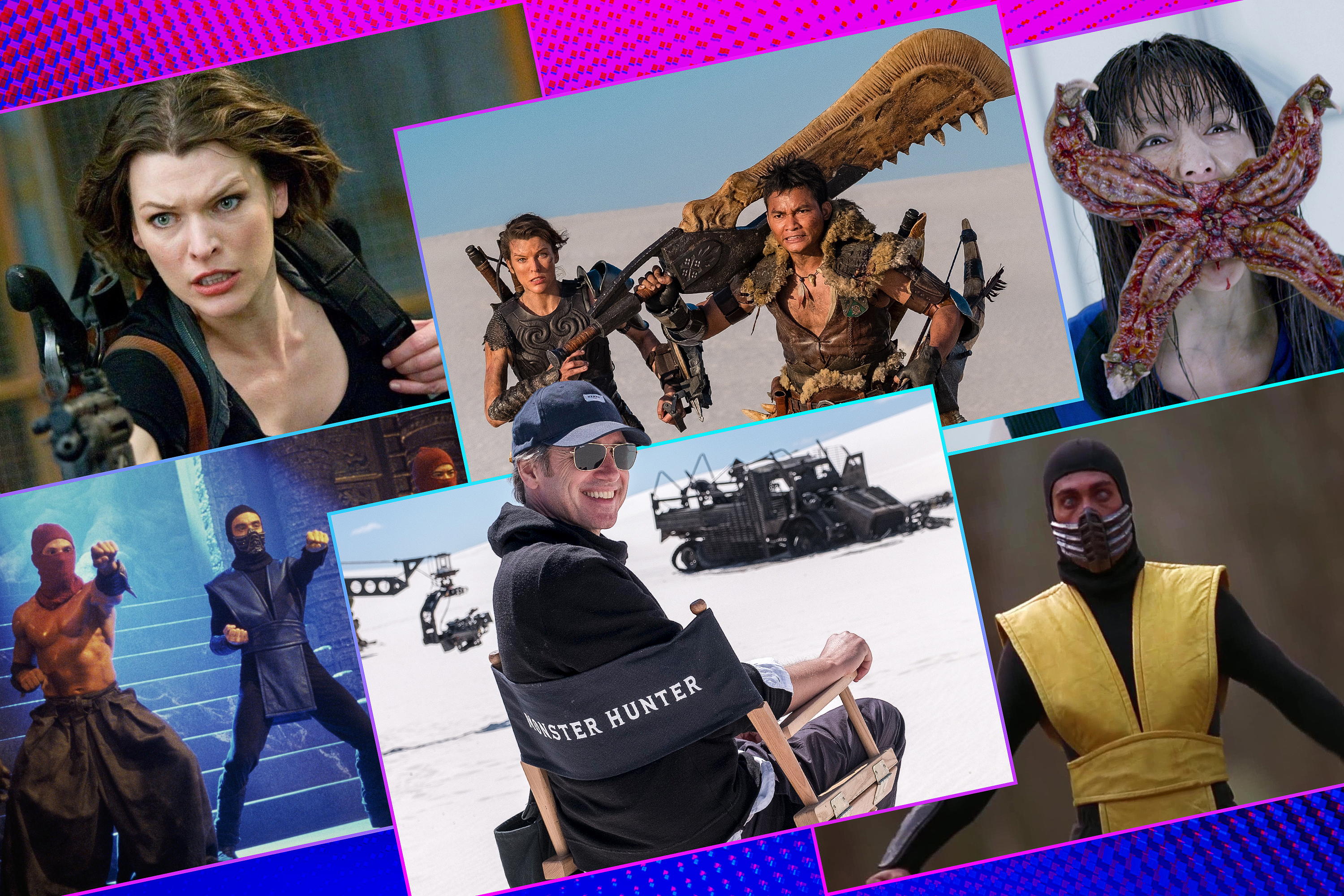 Graphic grid of six rectangles on bright purple blue background with images from the movies Monster Hunter, Mortal Combat, Resident Evil and a photo of director Paul Anderson