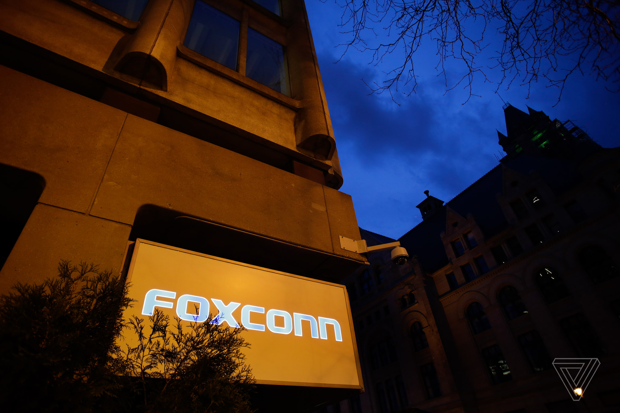 The Foxconn name displayed outside of an office building on Wednesday, May 8 2019 in Milwaukee, Wisconsin. Foxconn is a electronics contract manufacturing company, which is constructing a plant in south eastern Wisconsin creating thousands of jobs.