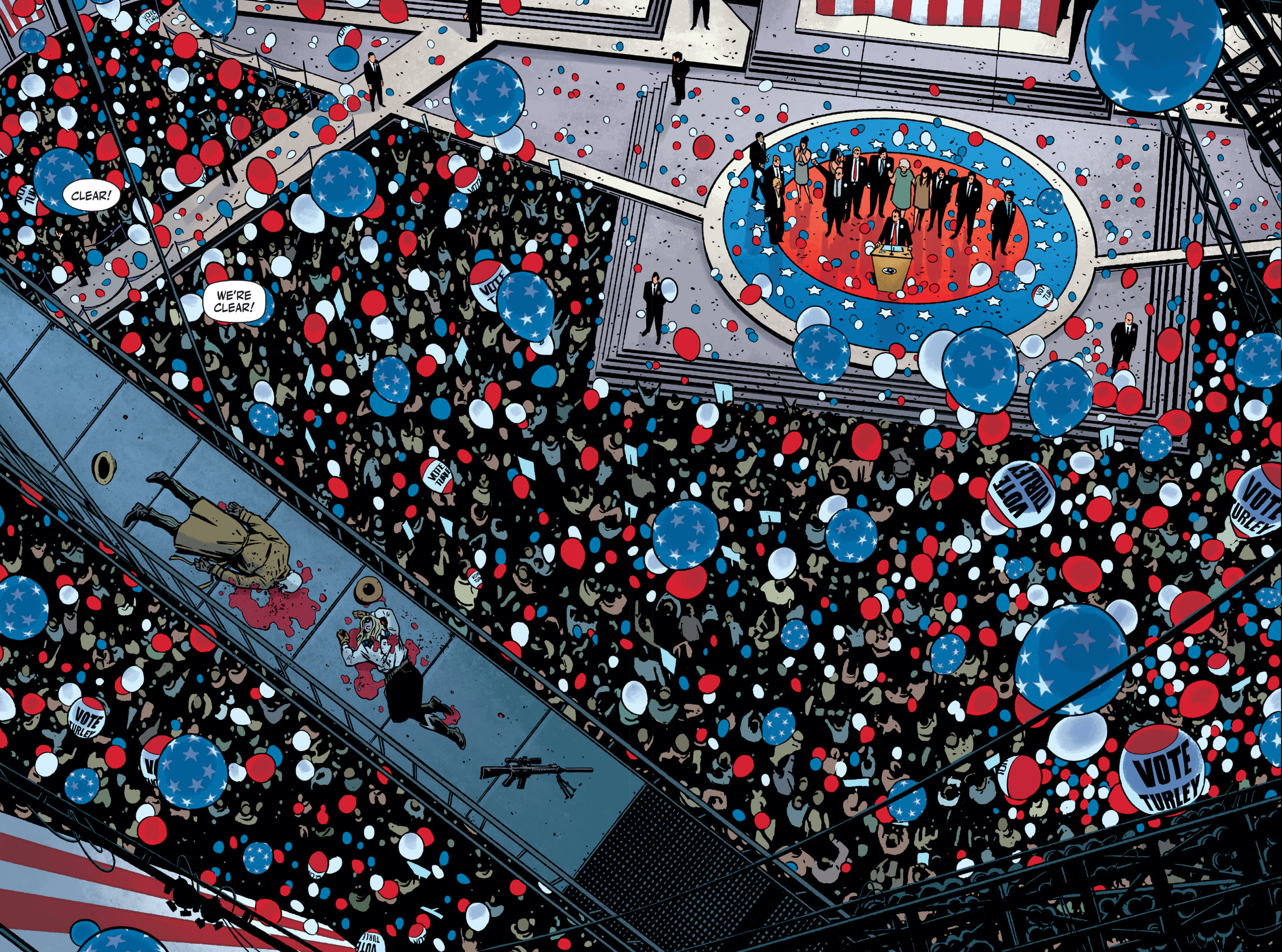 Two figures, one dressed as Rorschach, the other, female, dressed in cowboy chic, lie dead of gunshot wounds on a catwalk above a packed presidential rally crowd and dozens of red white and blue balloons, in Rorschach #1, DC Comics (2020). 