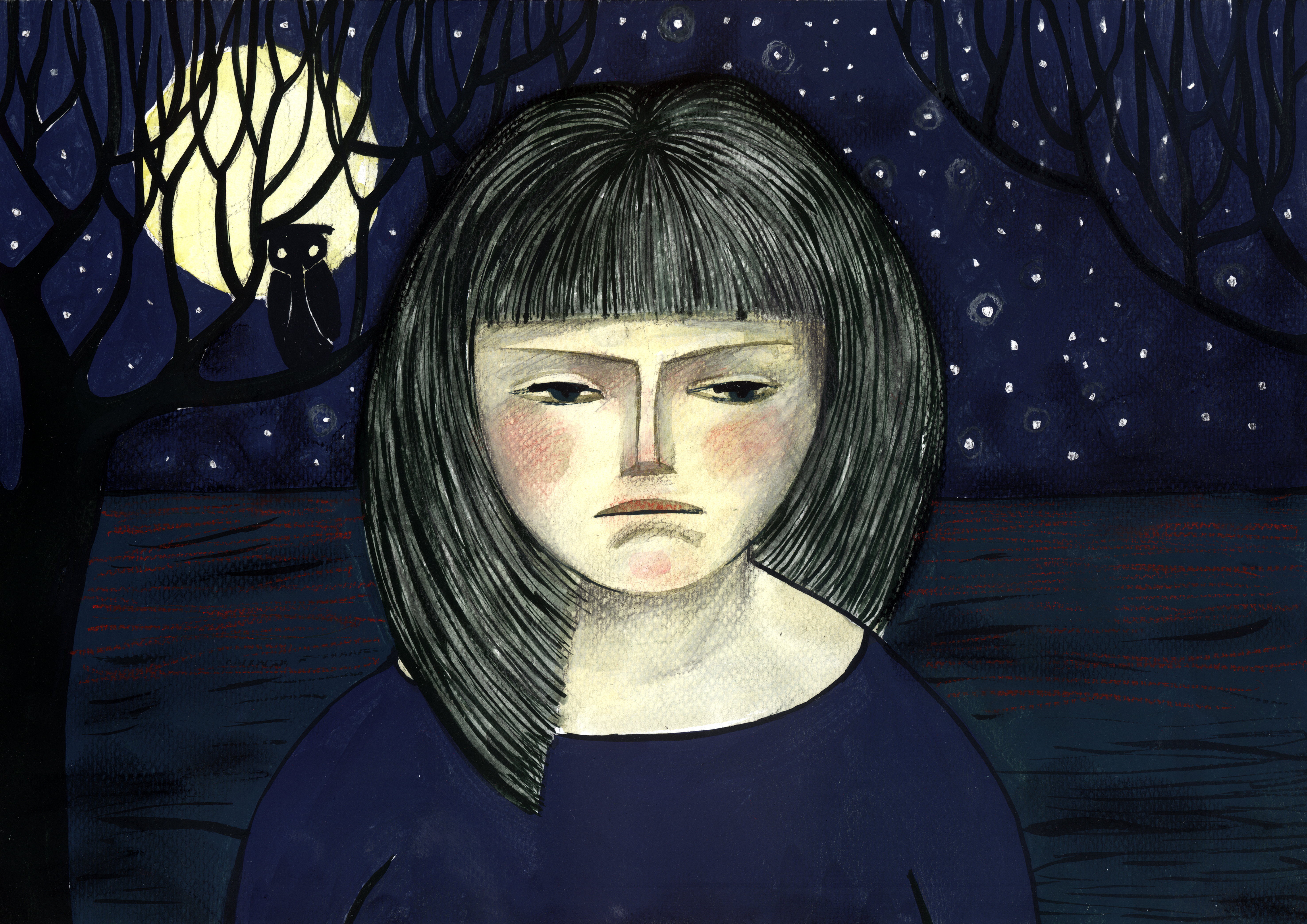 Illustration of a girl at night.