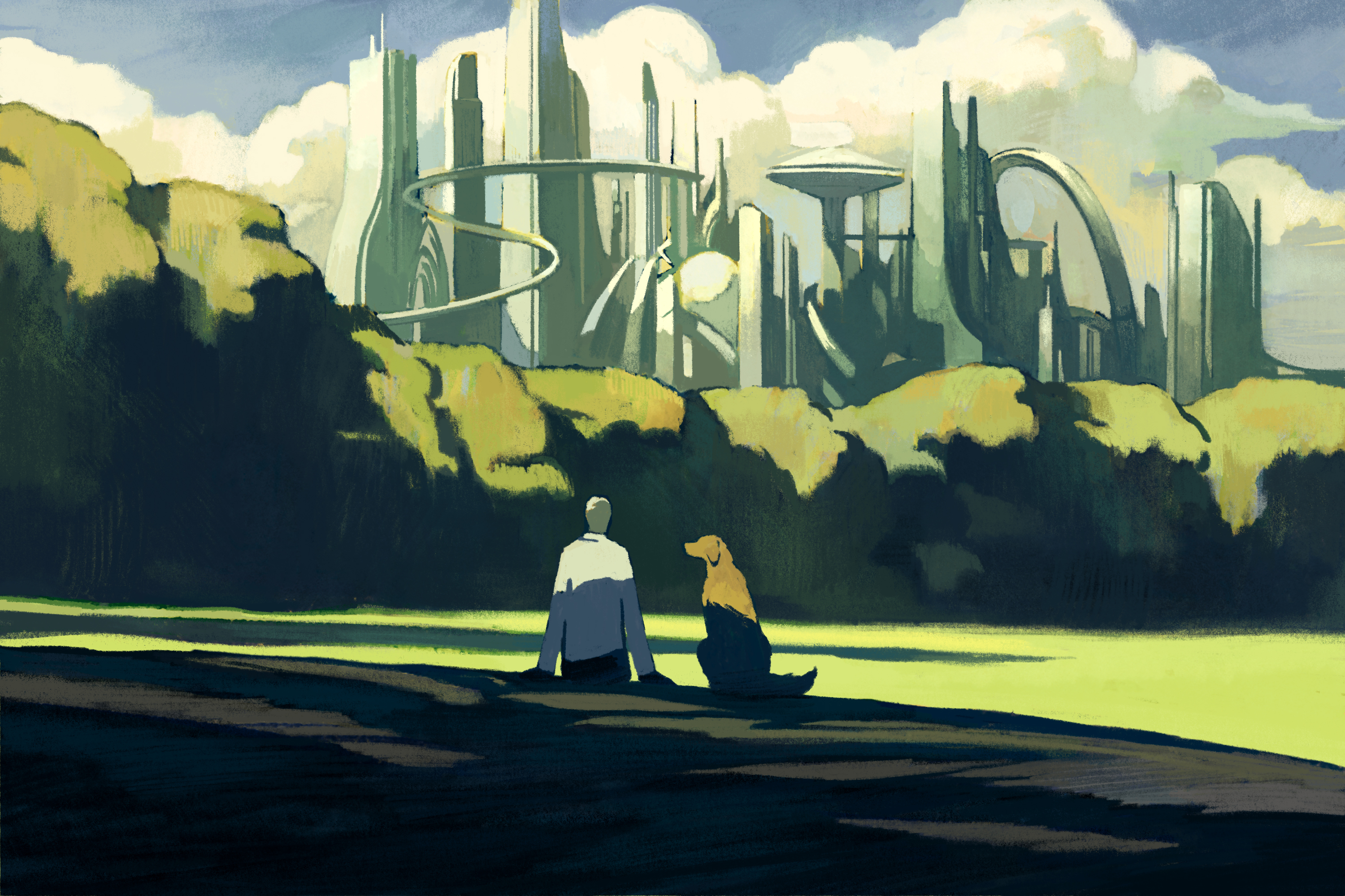 Man and dog sitting on a green and verdant lawn look at futuristic city in the distance