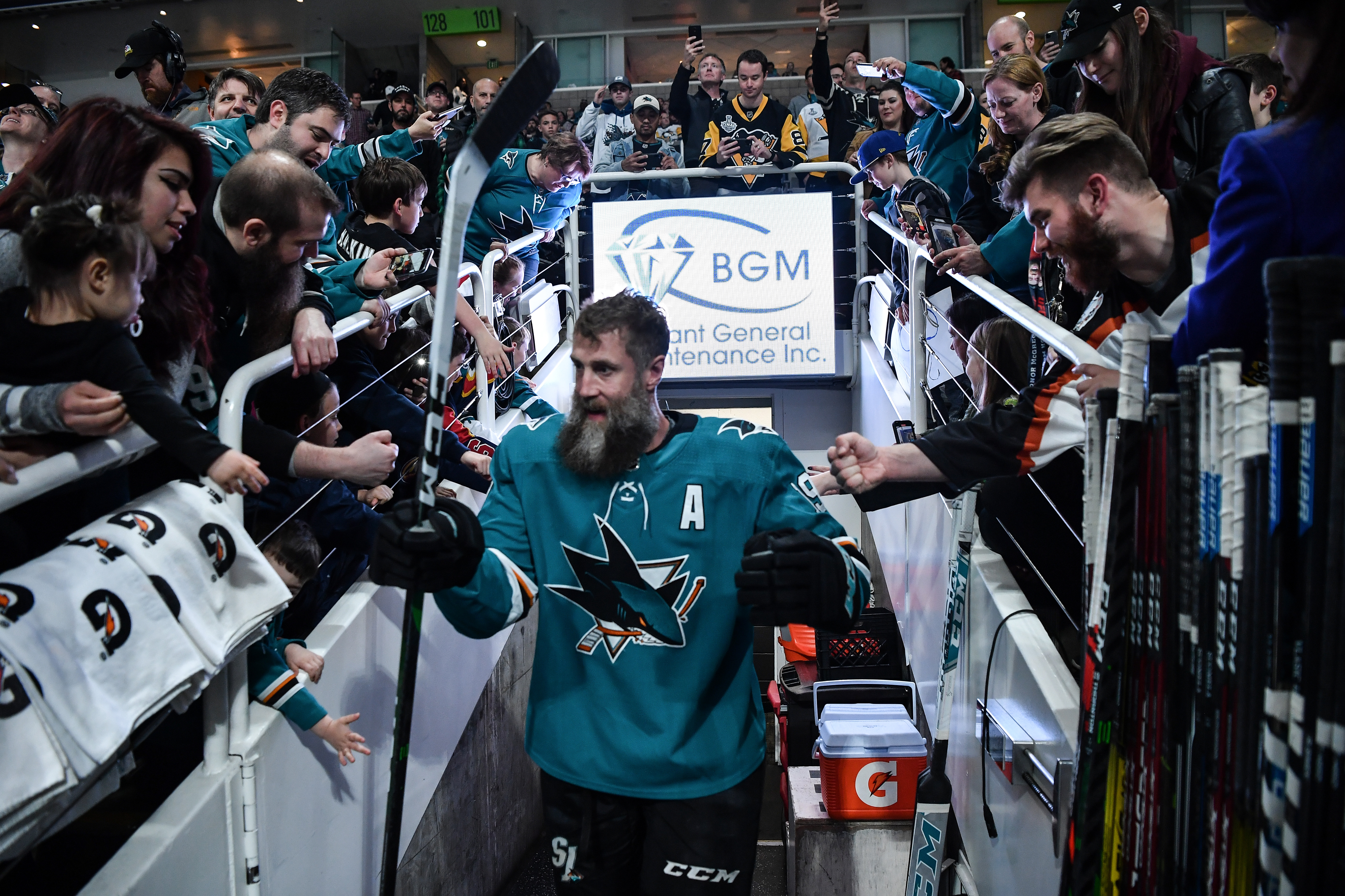 SAN JOSE, CA - FEBRUARY 29: Joe Thornton #19 of the San Jose Sharks walks out for warm ups before facing the Pittsburgh Penguins at SAP Center on February 29, 2020 in San Jose, California.