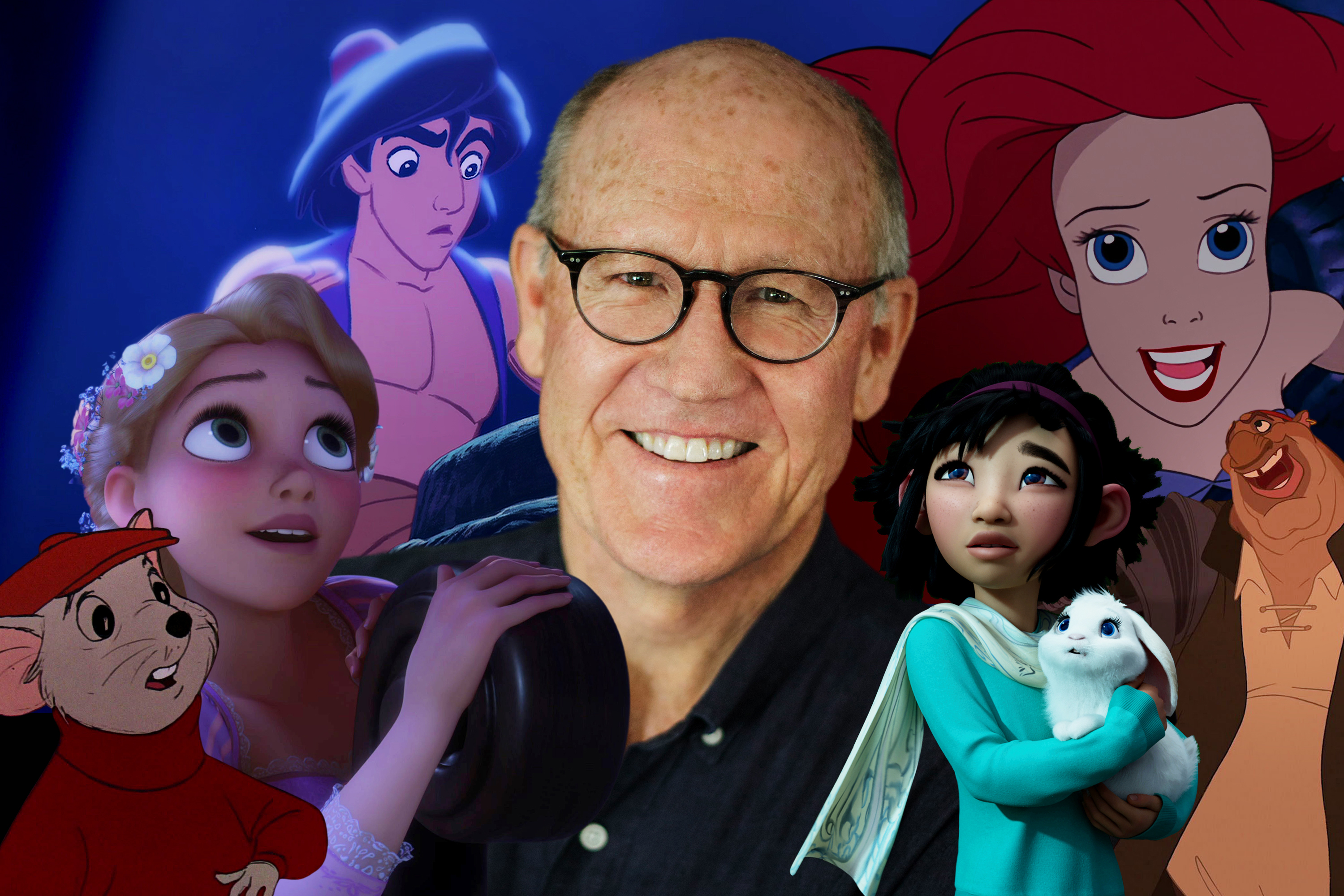 Portrait of animator Glenn Keane surrounded by some of the animated characters her has created