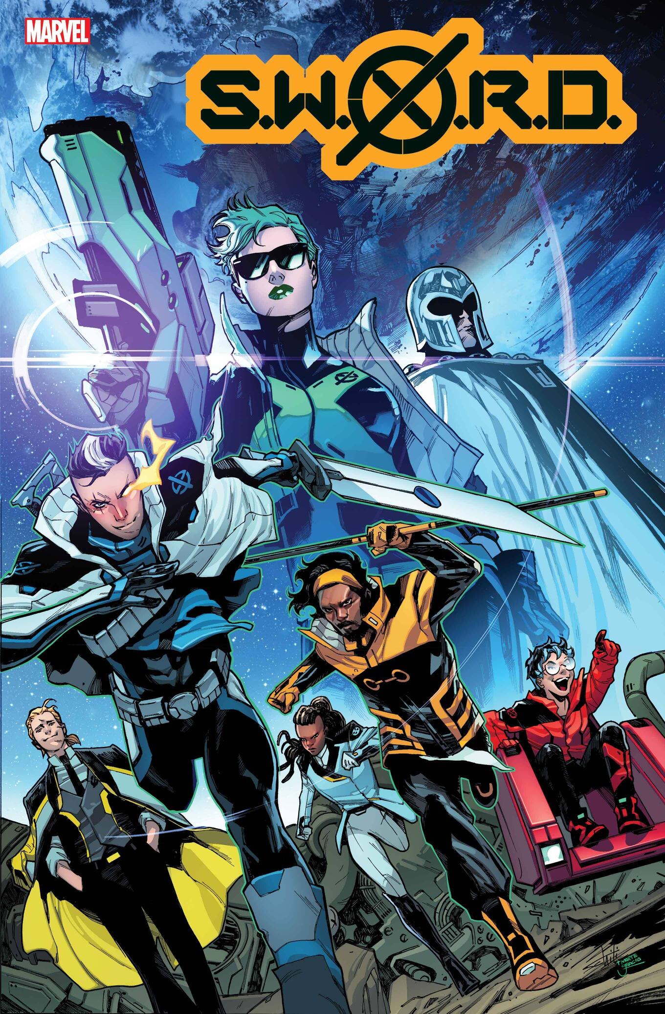 Abigail Brand, Magneto, Cable, Manifold, Whiz Kid, Fabian Cortez, and Frenzy on the cover of SWORD #1, Marvel Comics (2020).