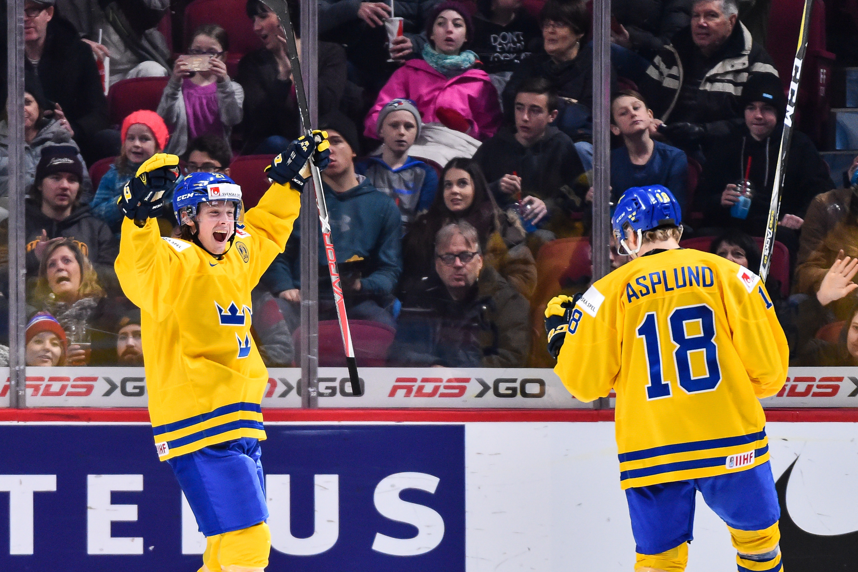 Jonathan Dahlen #27 of Team Sweden celebrates his third goal of the match during the 2017 IIHF World Junior Championship preliminary round game against Team Czech Republic at the Bell Centre on December 31, 2016 in Montreal, Quebec, Canada. Team Sweden defeated Team Czech Republic 5-2.